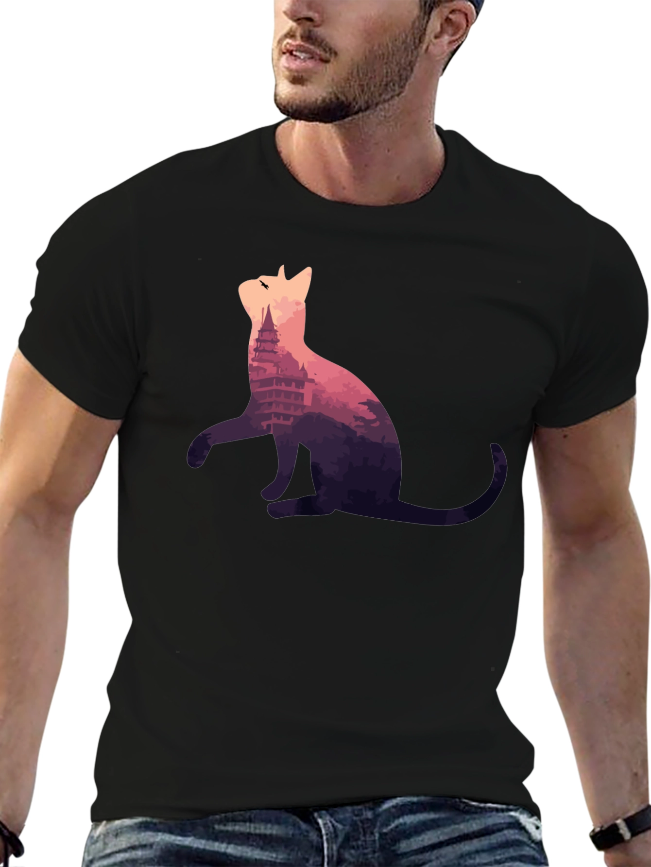 Cat Silhouette T-Shirt - Mountain Pagoda Design