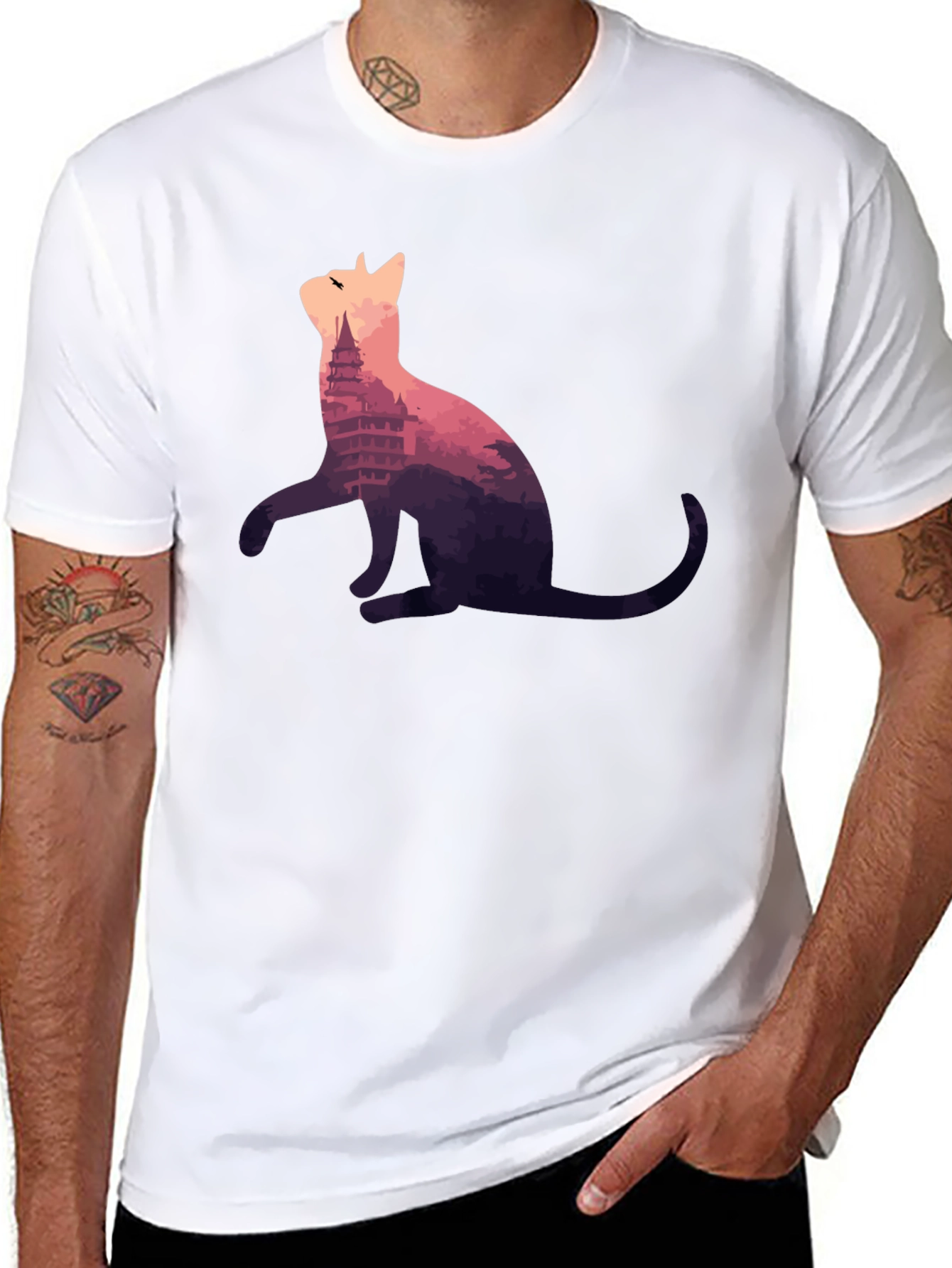 Cat Silhouette T-Shirt - Mountain Pagoda Design