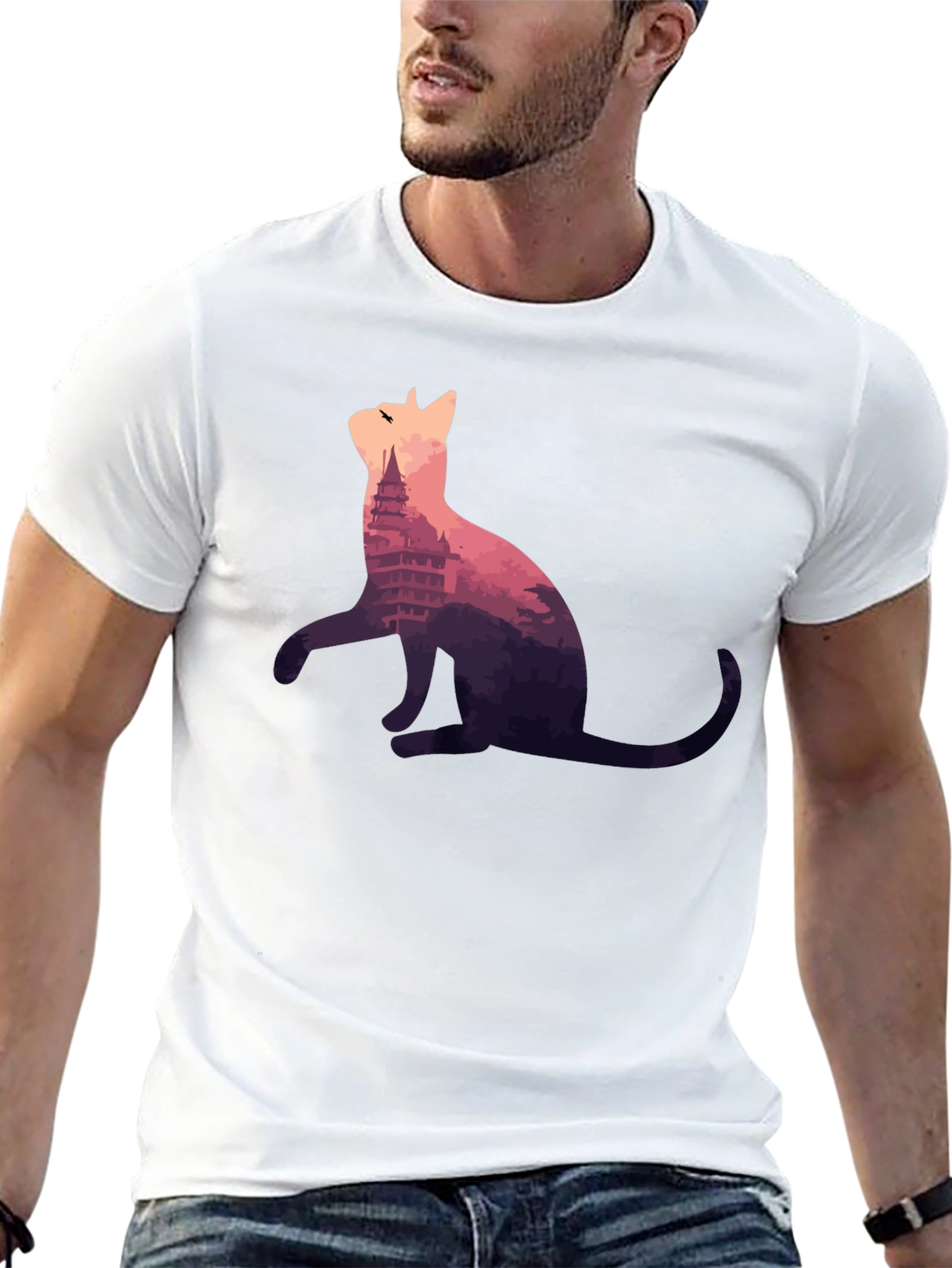 Cat Silhouette T-Shirt - Mountain Pagoda Design