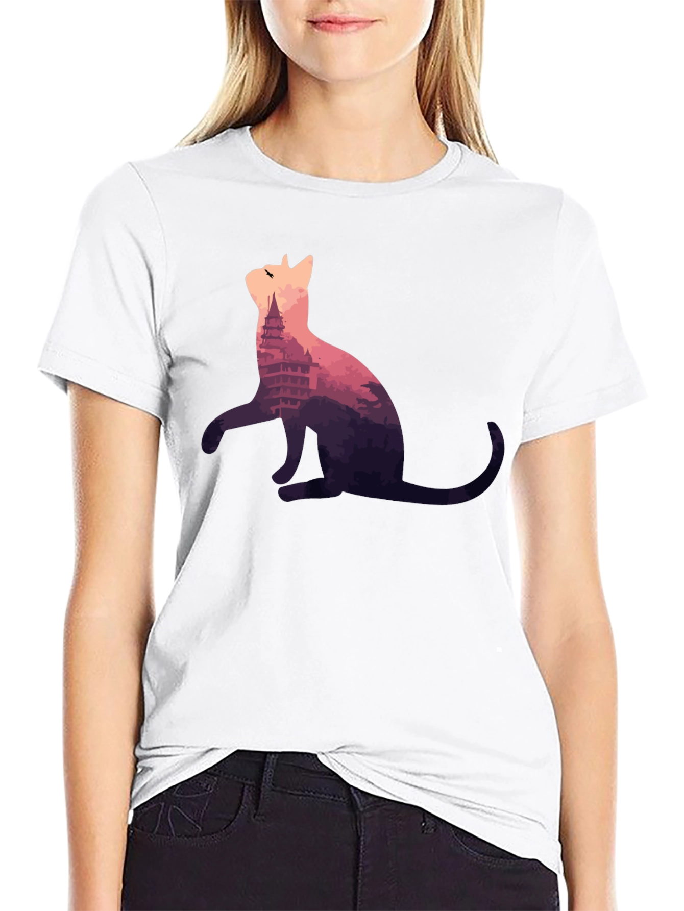 Cat Silhouette T-Shirt - Mountain Pagoda Design