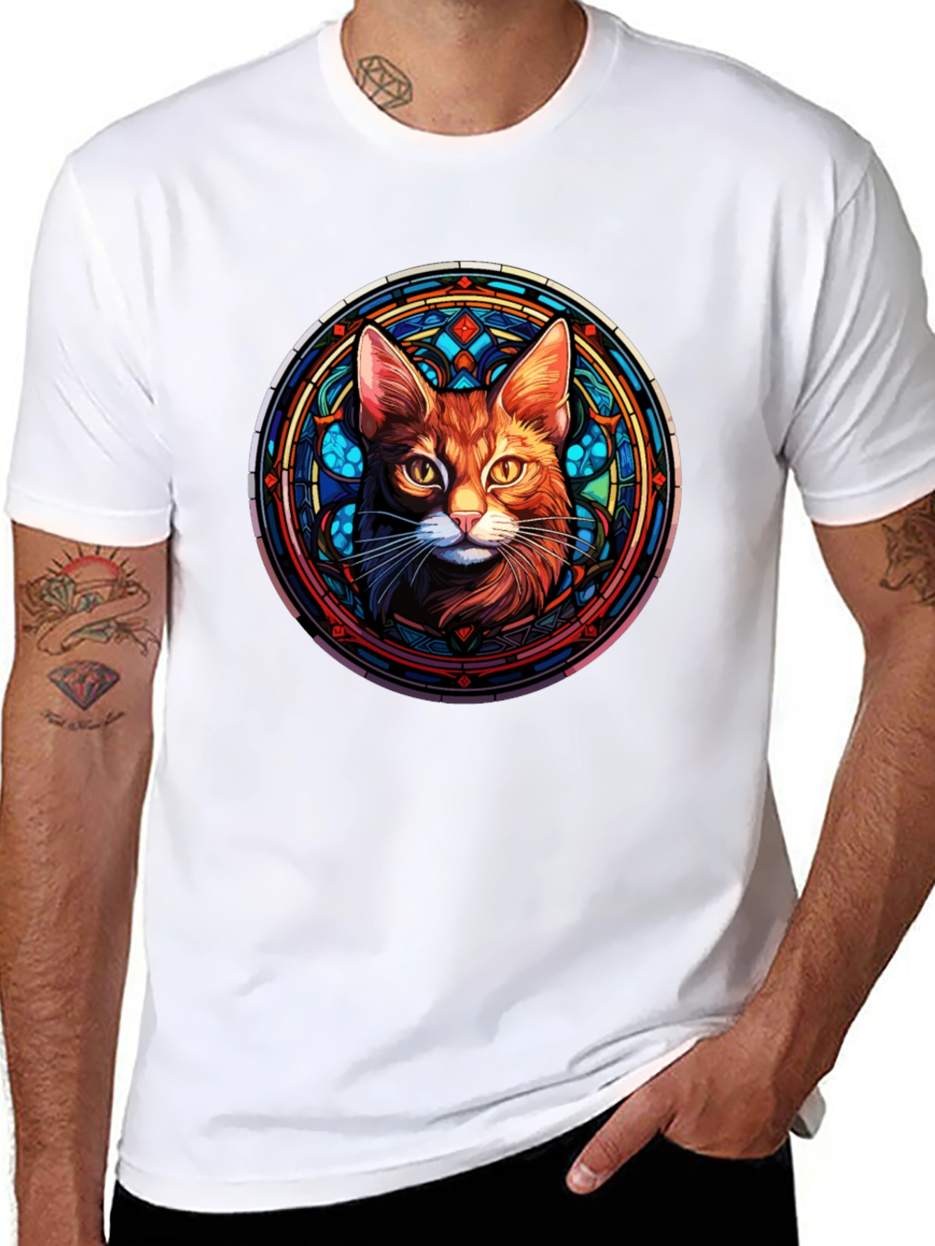 Stained Glass Cat Graphic Tee - Unique Design