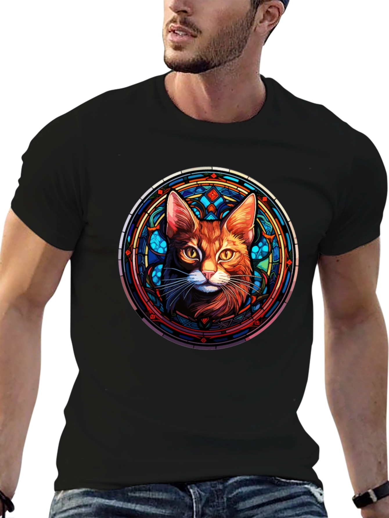 Stained Glass Cat Graphic Tee - Unique Design