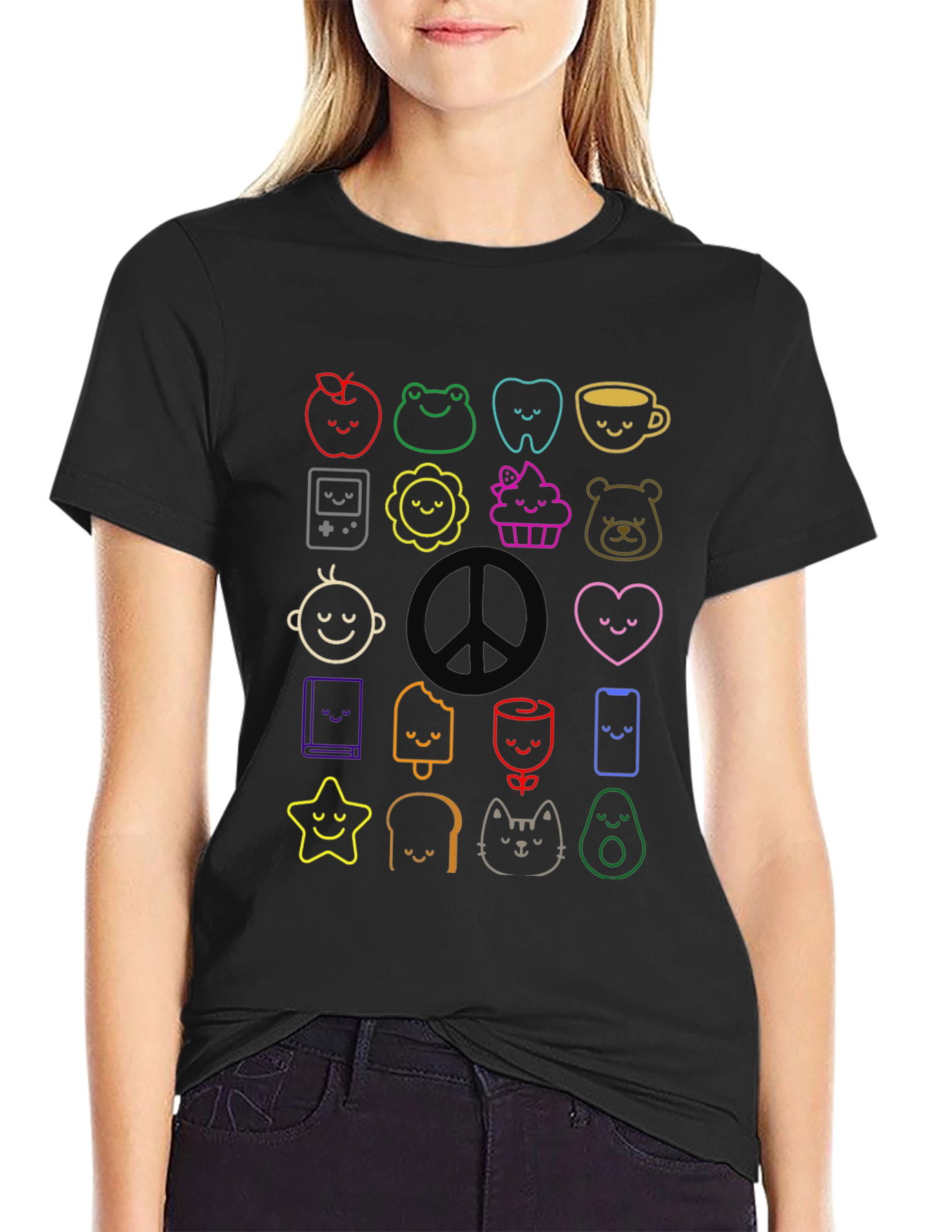 Cute Kawaii Doodle Print Black T-Shirt