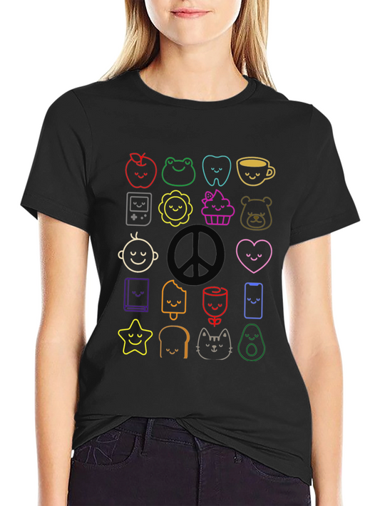 Cute Kawaii Doodle Print Black T-Shirt