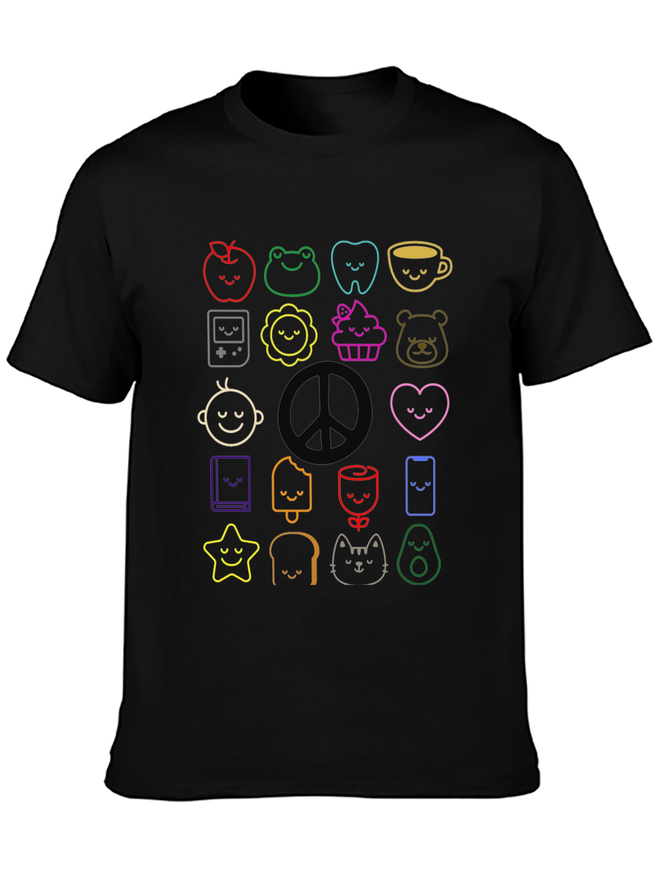 Cute Kawaii Doodle Print Black T-Shirt