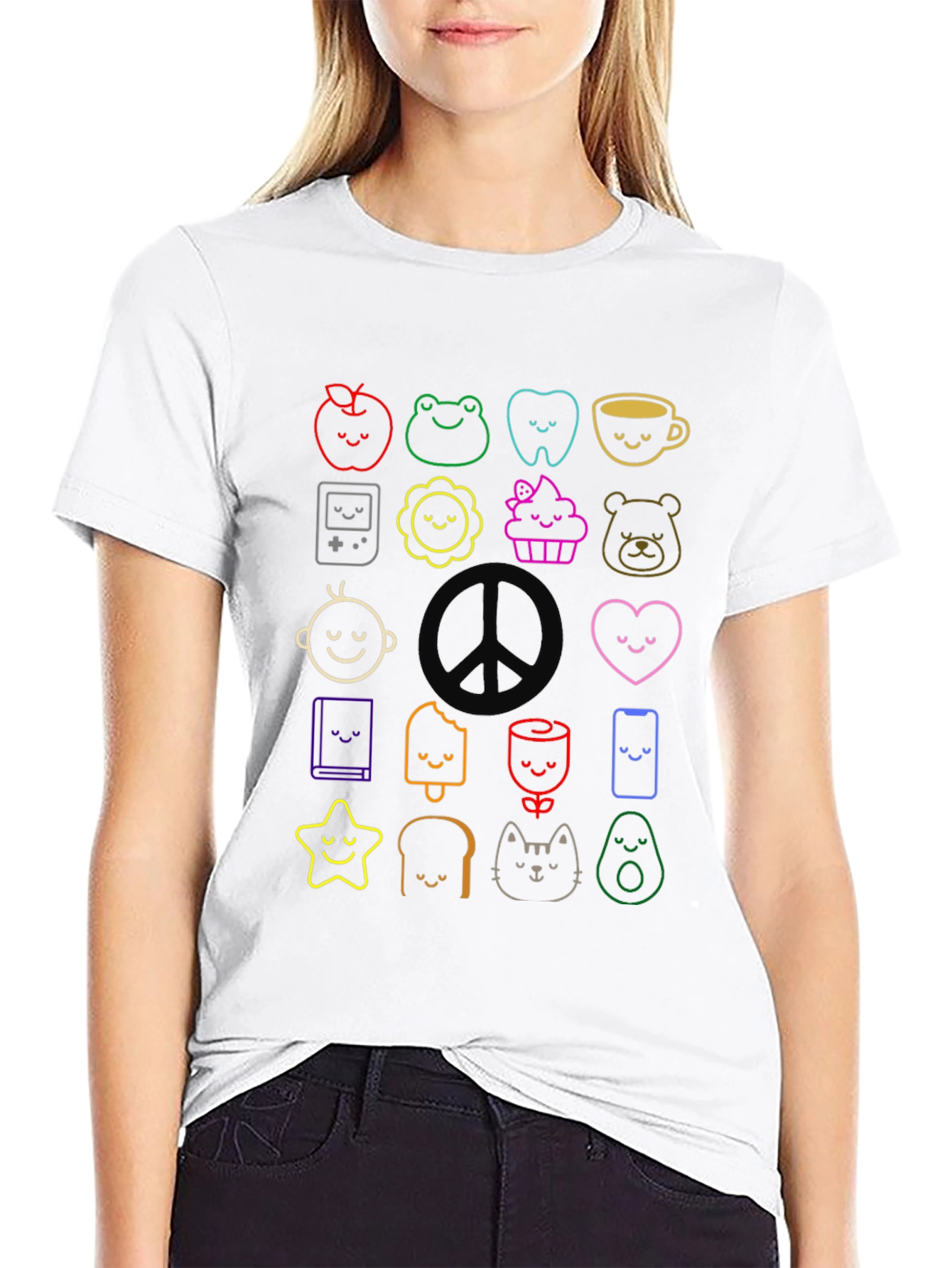 Cute Kawaii Doodle Print Black T-Shirt