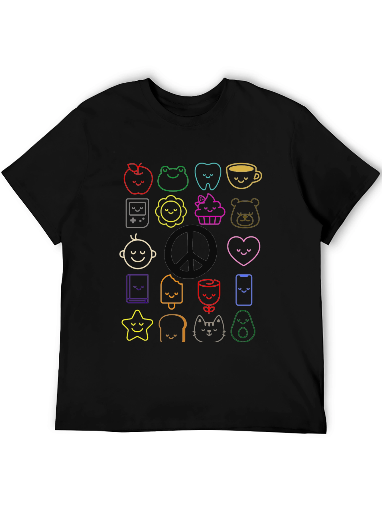 Cute Kawaii Doodle Print Black T-Shirt