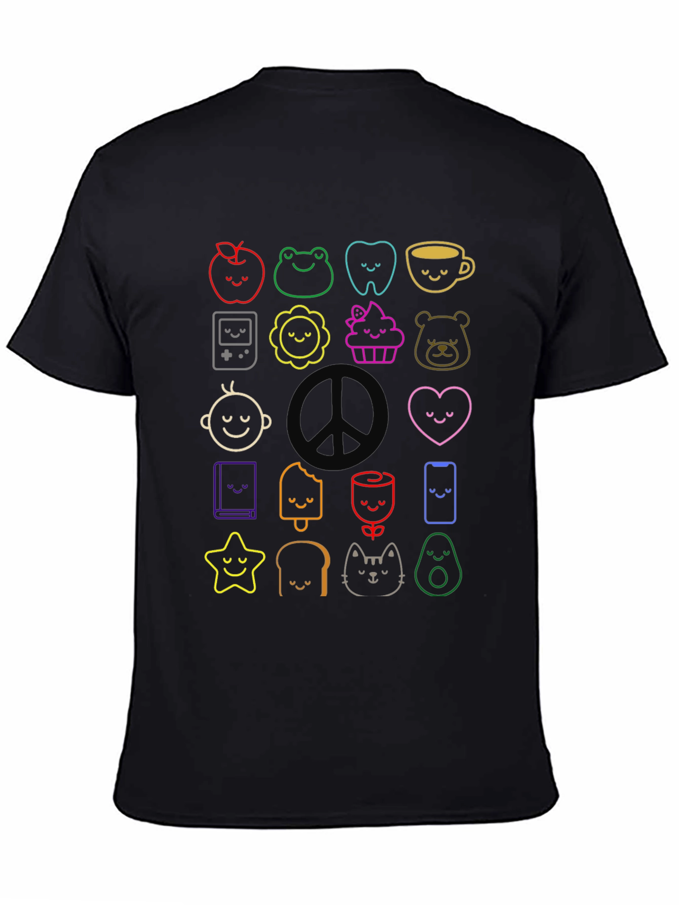 Cute Kawaii Doodle Print Black T-Shirt