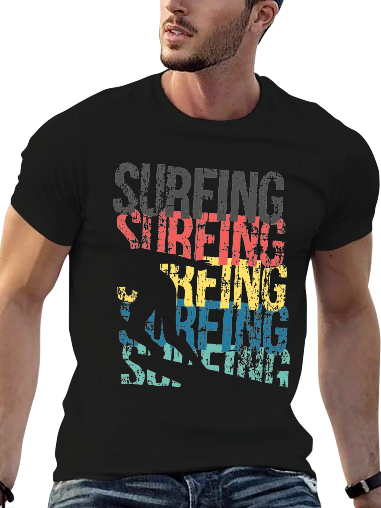 Surfing Silhouette Graphic T-Shirt - Black