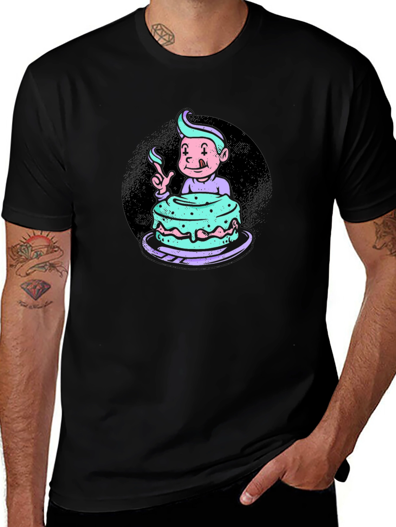 Cartoon Cake Graphic Black T-Shirt