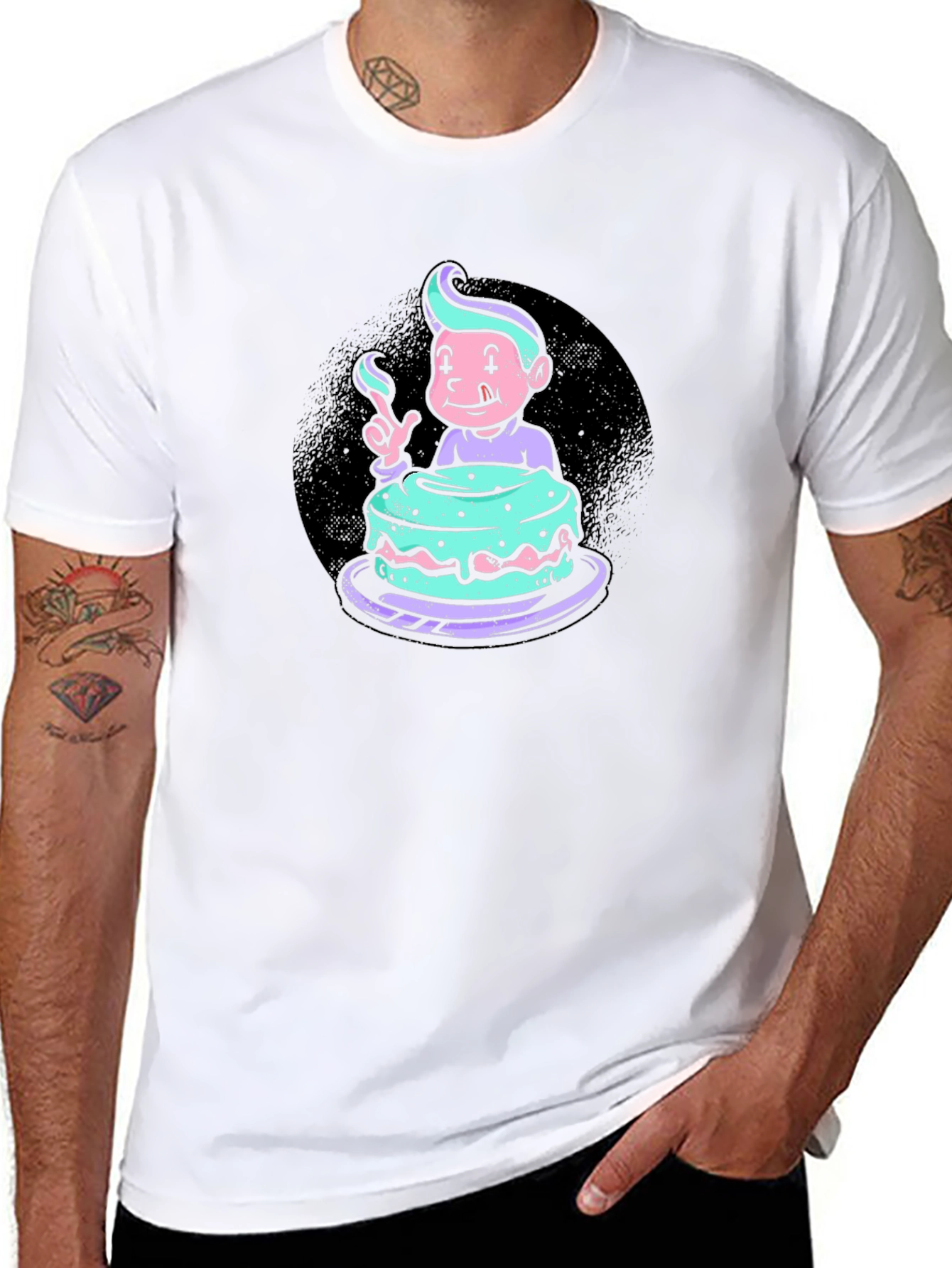 Cartoon Cake Graphic Black T-Shirt