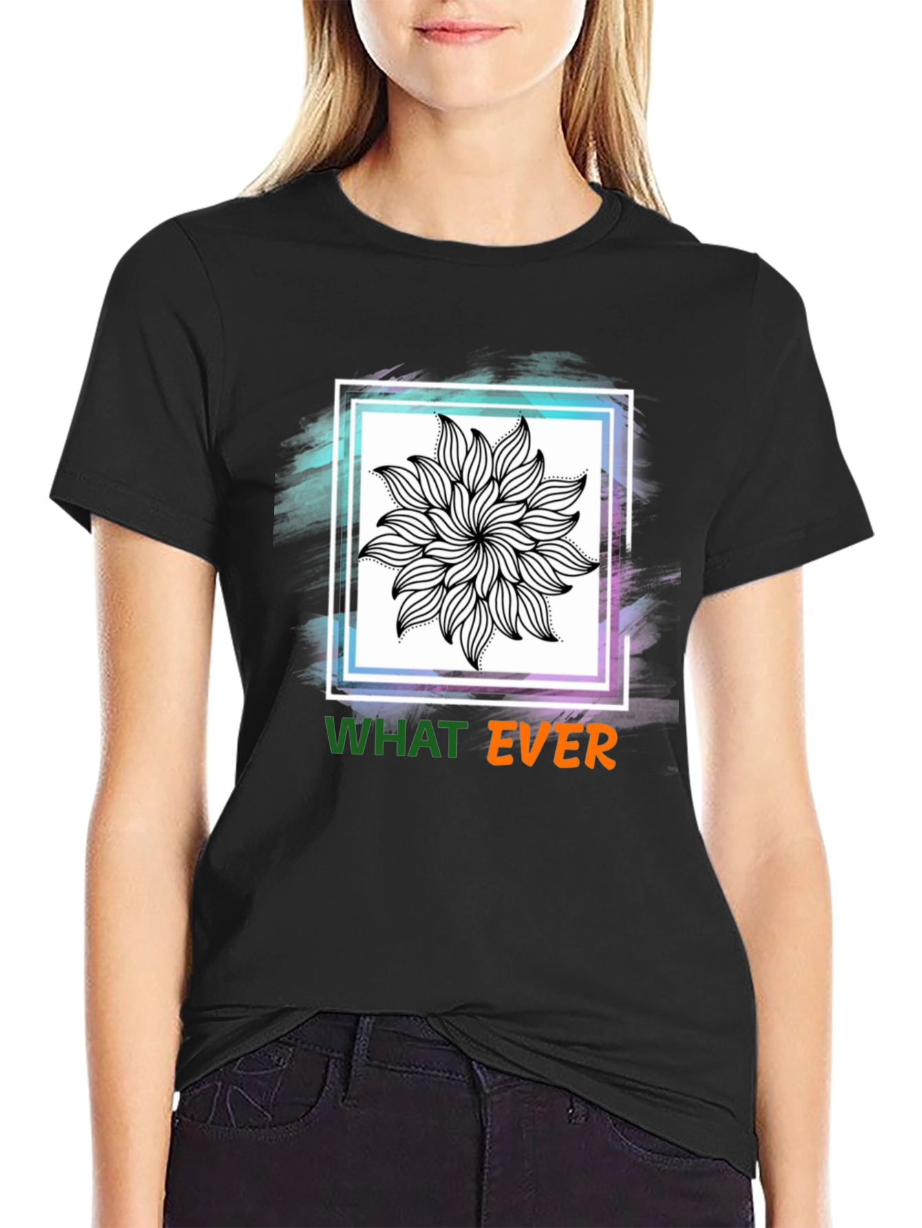 Black Tee with Floral Mandala & Whatever Graphic