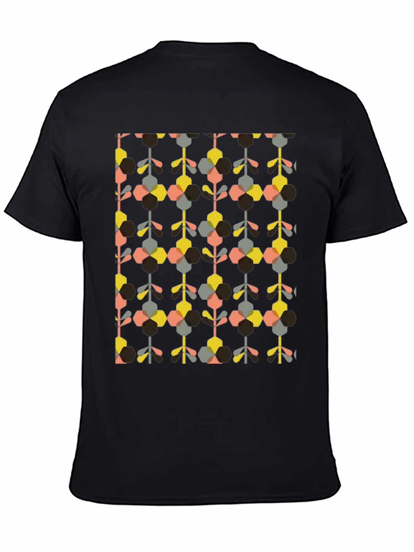 Retro Geometric Floral Print Black T-Shirt