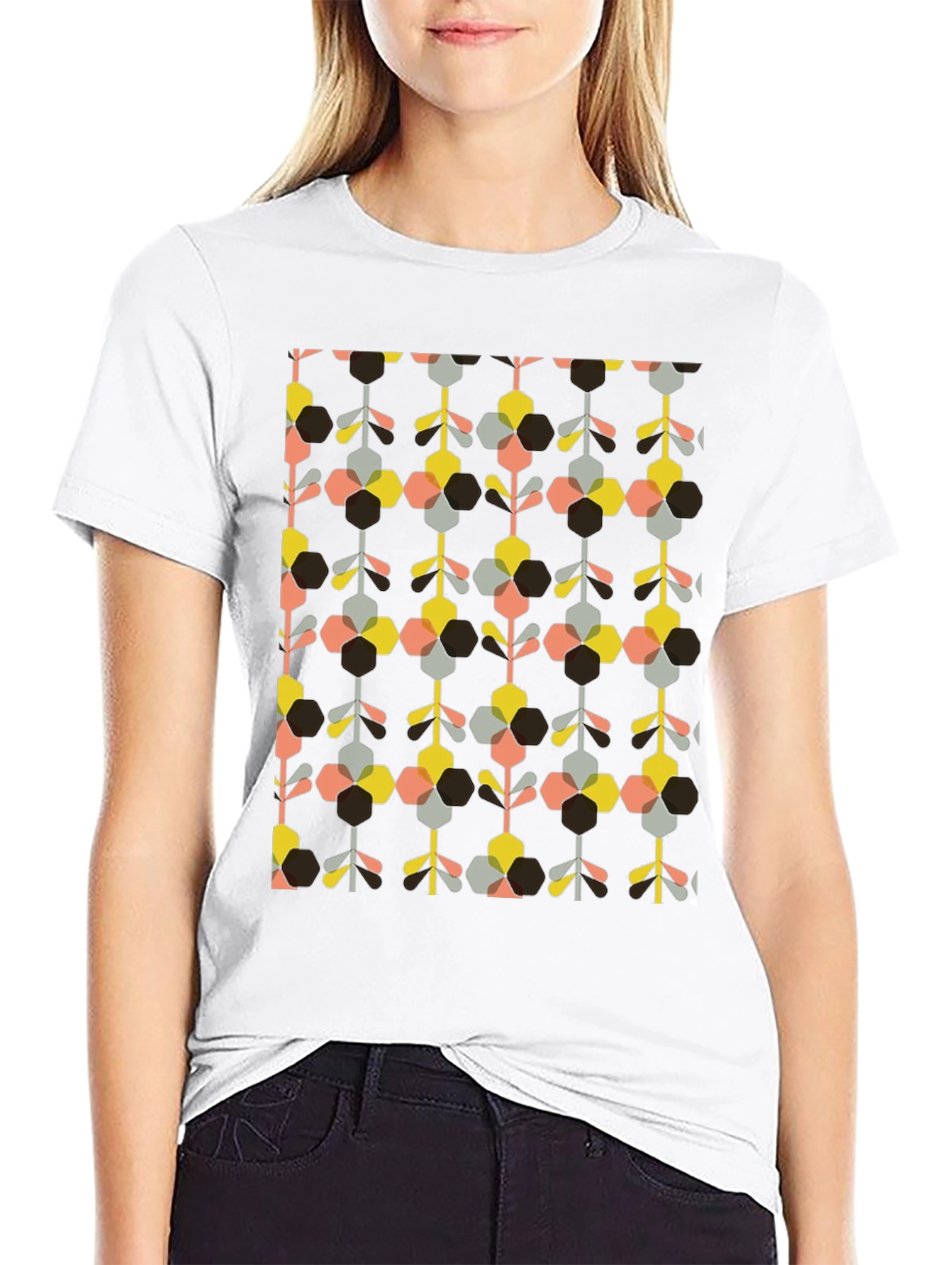 Retro Geometric Floral Print Black T-Shirt
