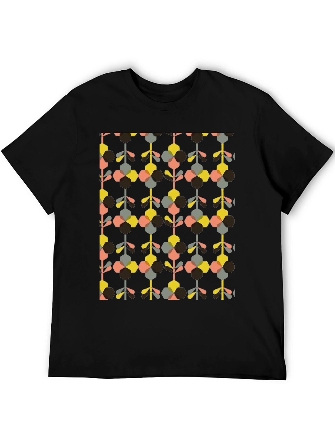 Retro Geometric Floral Print Black T-Shirt