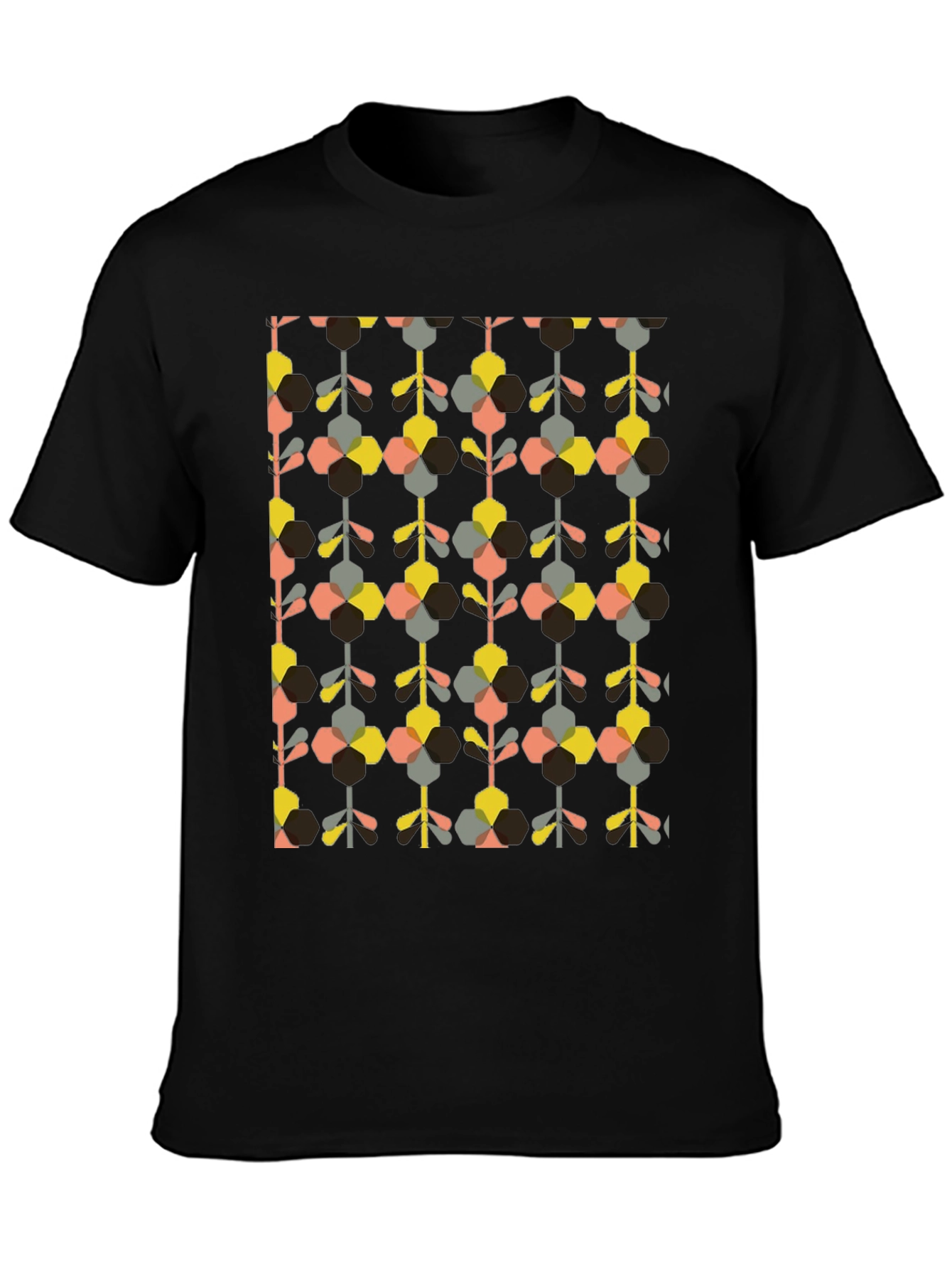 Retro Geometric Floral Print Black T-Shirt
