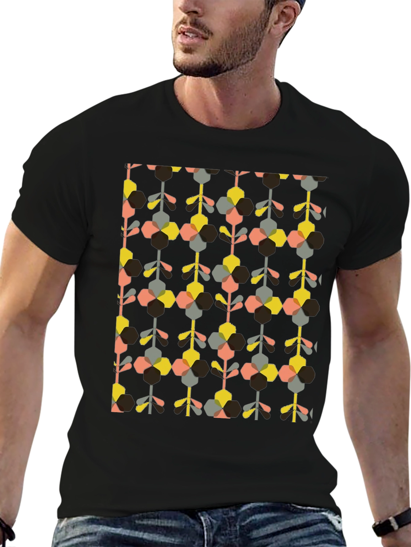 Retro Geometric Floral Print Black T-Shirt