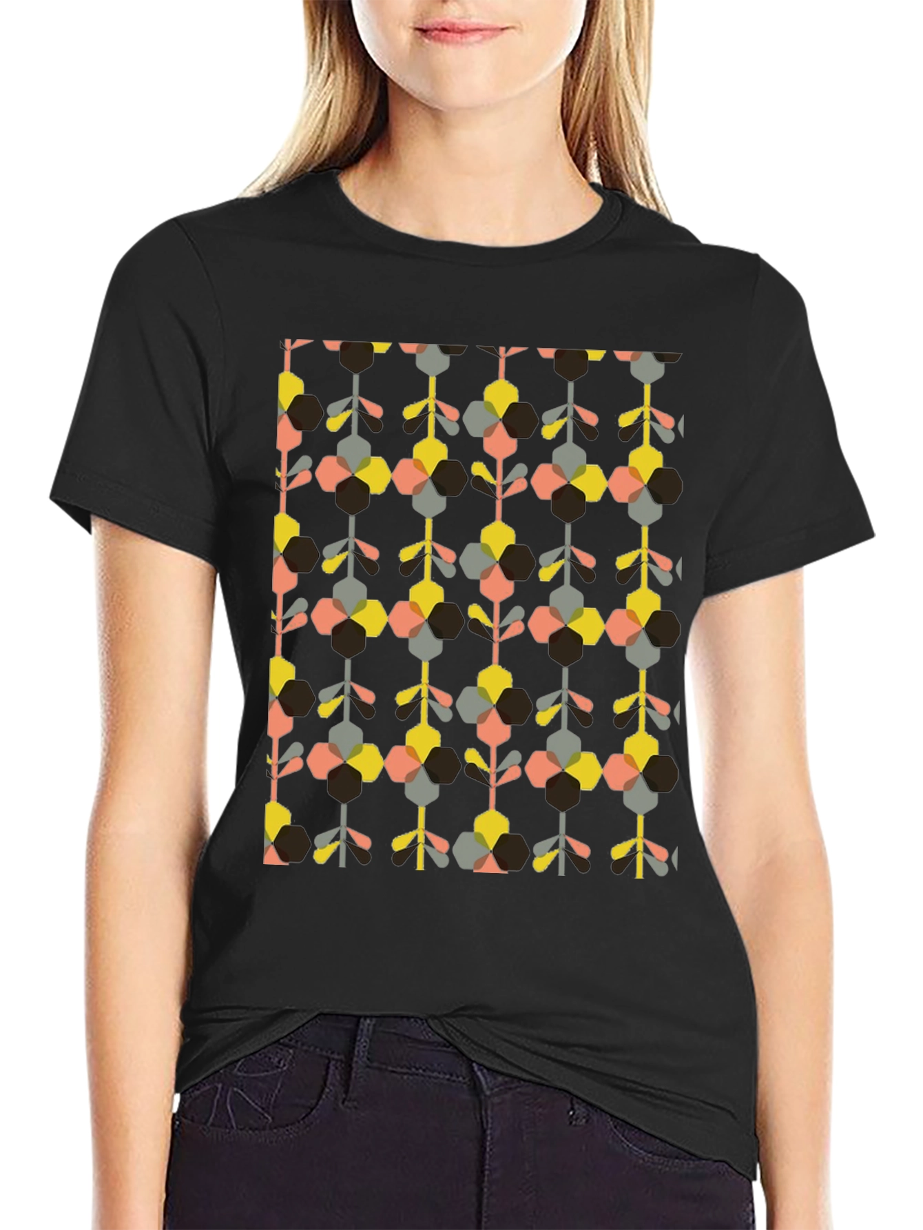 Retro Geometric Floral Print Black T-Shirt