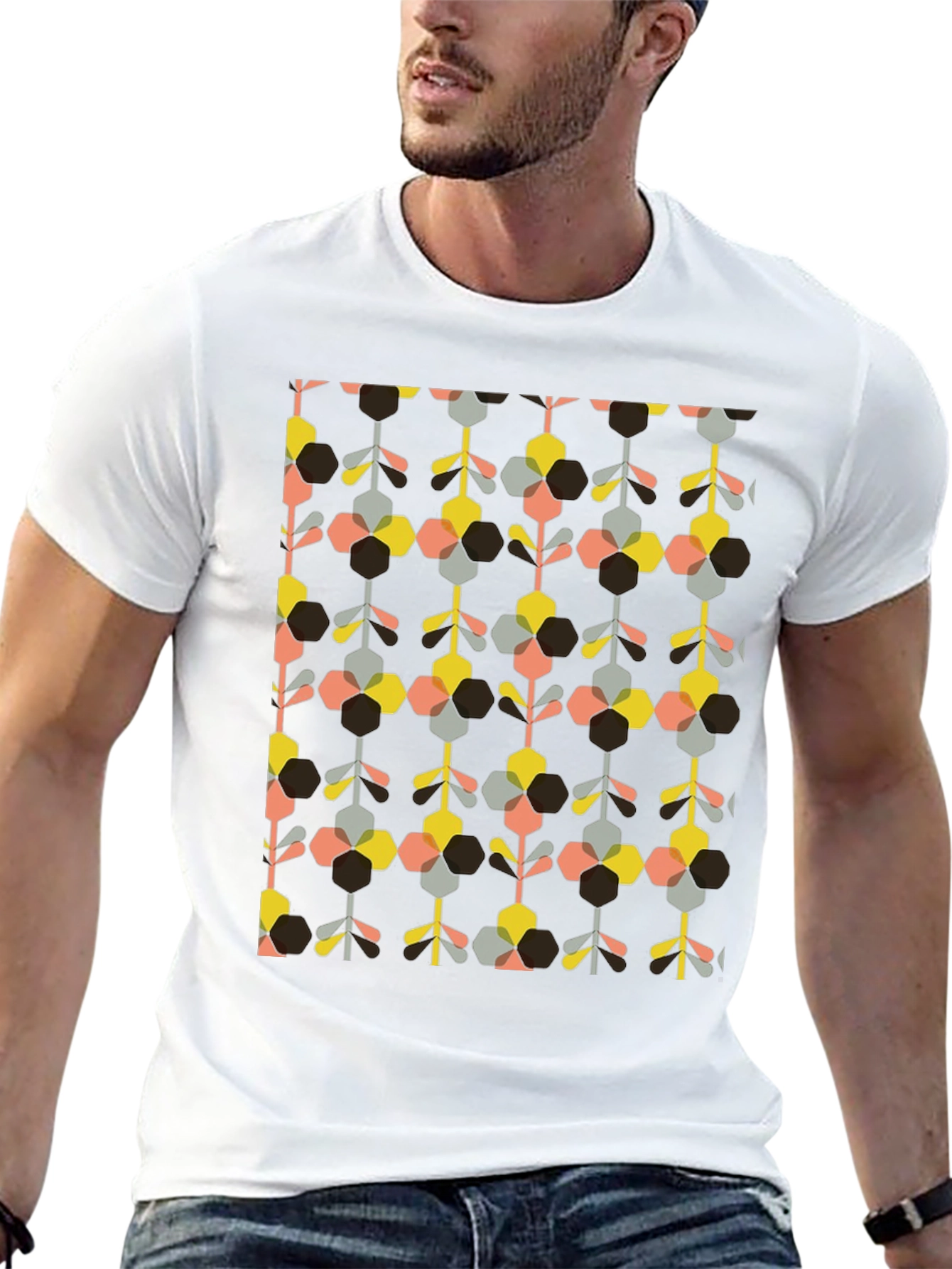 Retro Geometric Floral Print Black T-Shirt