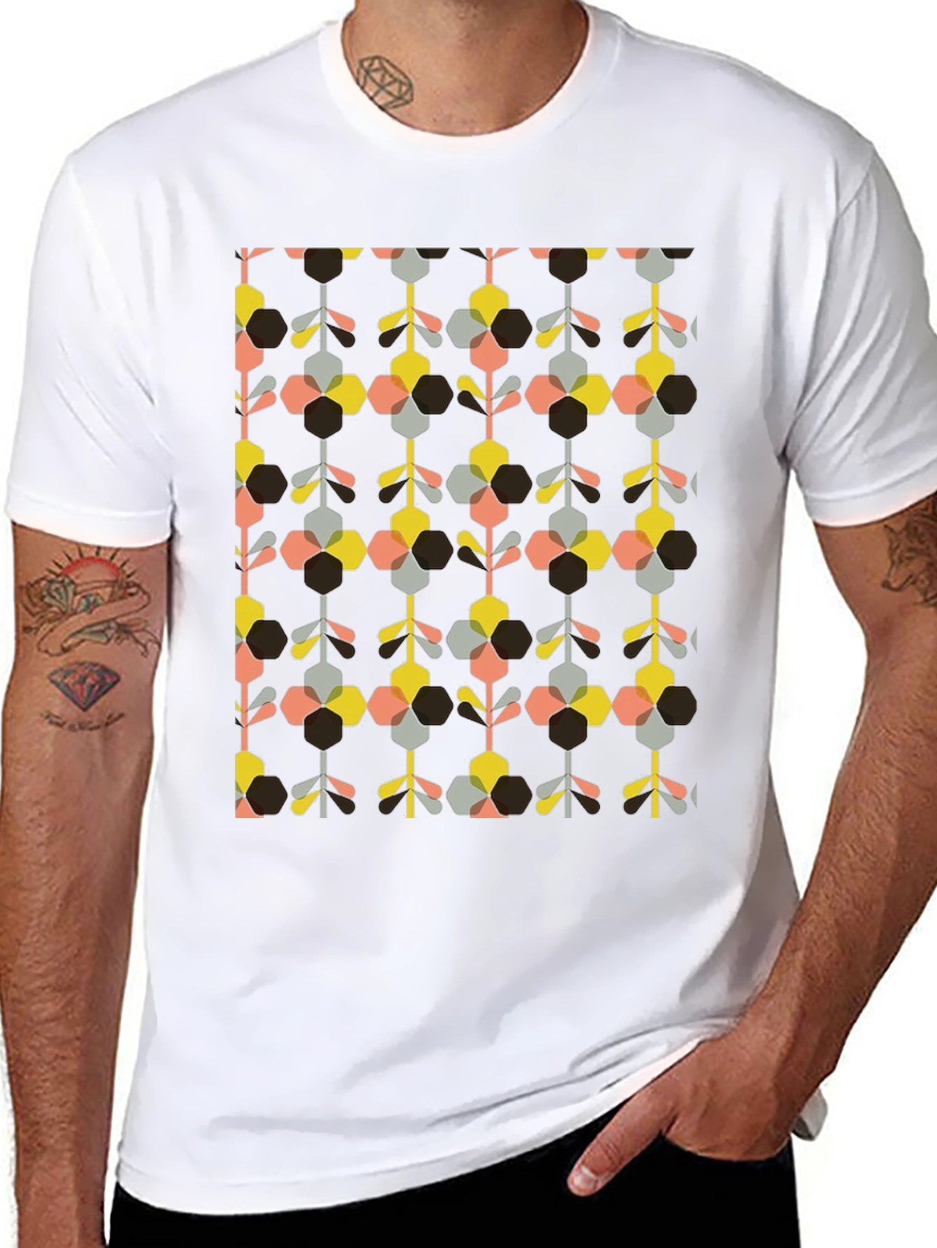 Retro Geometric Floral Print Black T-Shirt