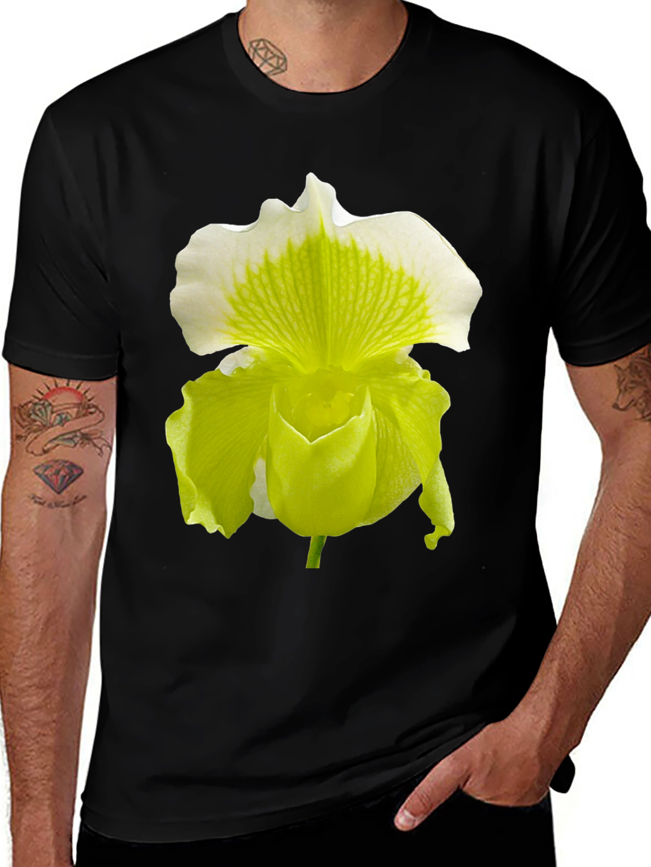 Orchid Flower Graphic Tee - Black Cotton Blend