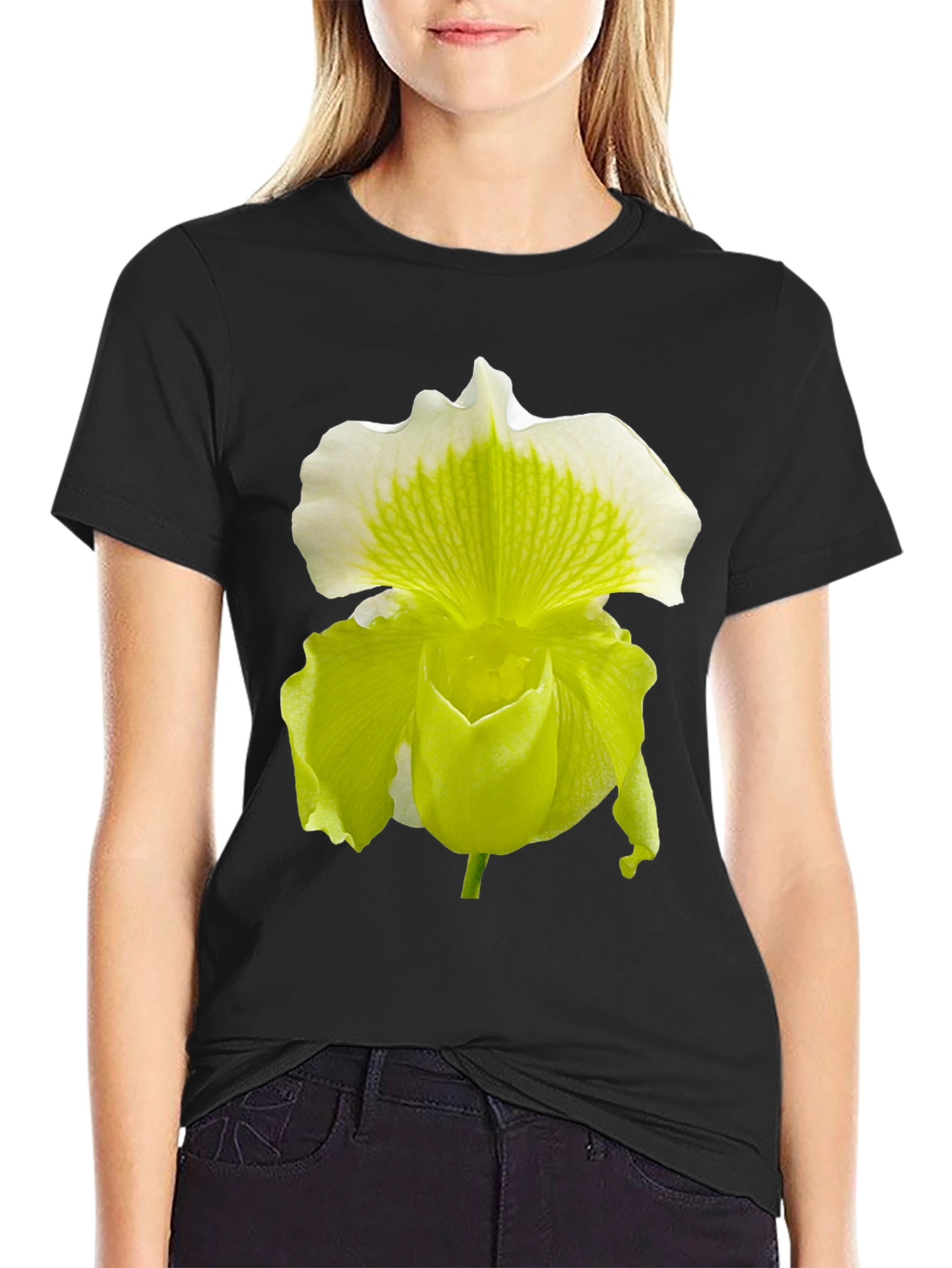 Orchid Flower Graphic Tee - Black Cotton Blend