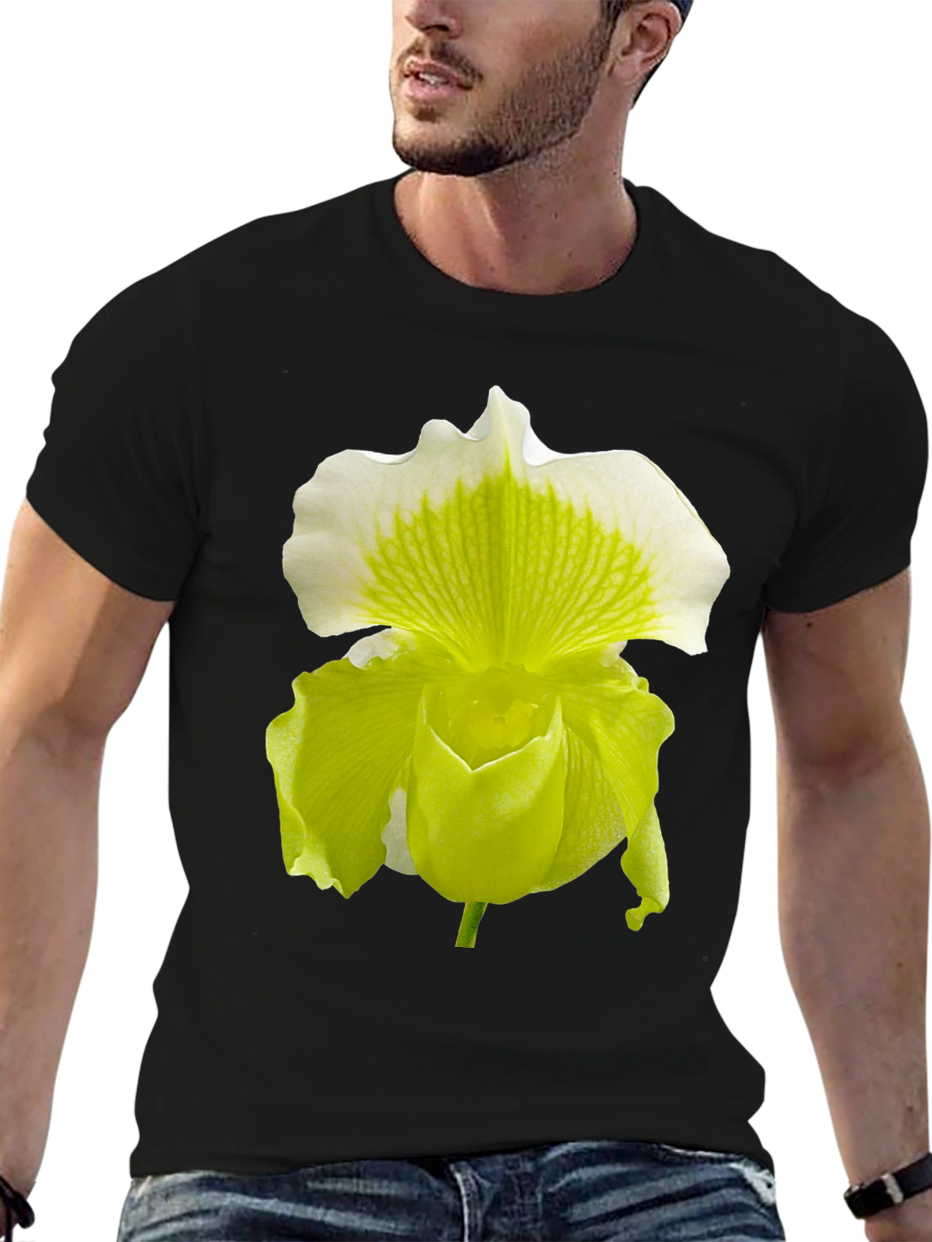 Orchid Flower Graphic Tee - Black Cotton Blend