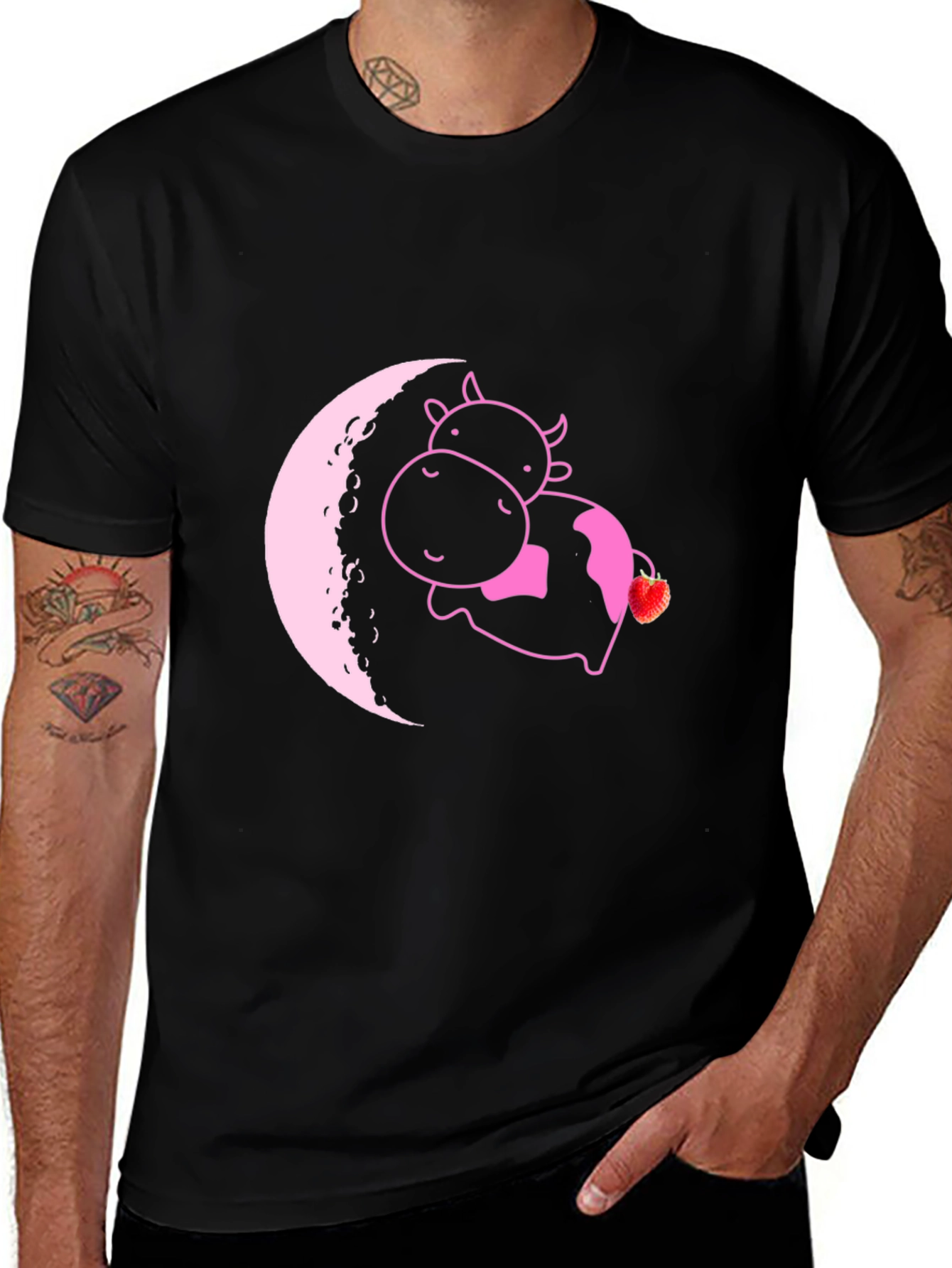 Cute Cow on Moon T-Shirt - Strawberry Dream