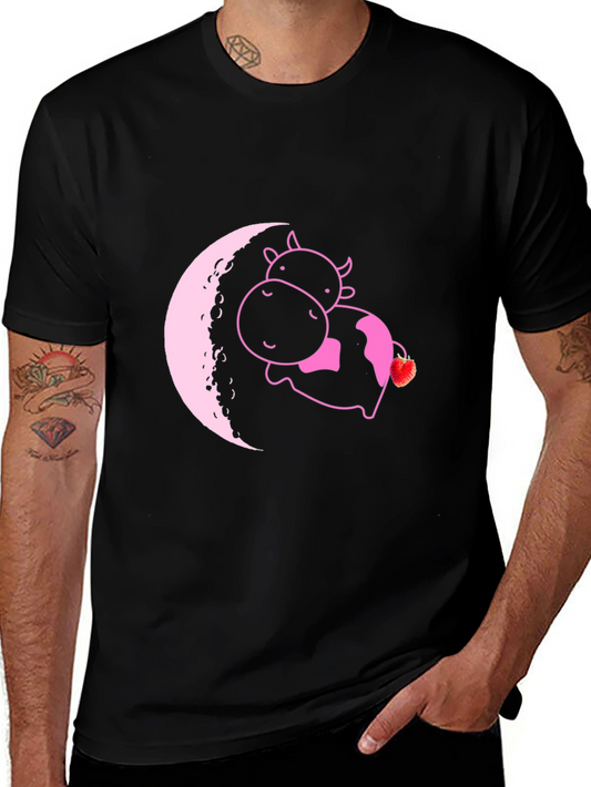Cute Cow on Moon T-Shirt - Strawberry Dream