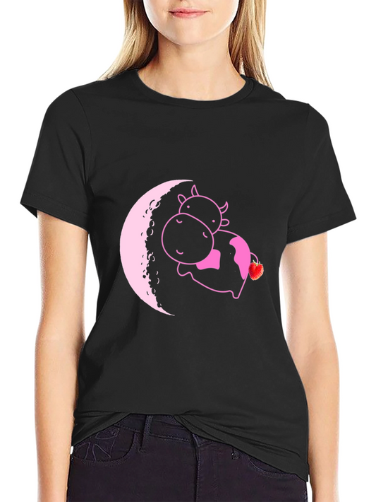 Cute Cow on Moon T-Shirt - Strawberry Dream