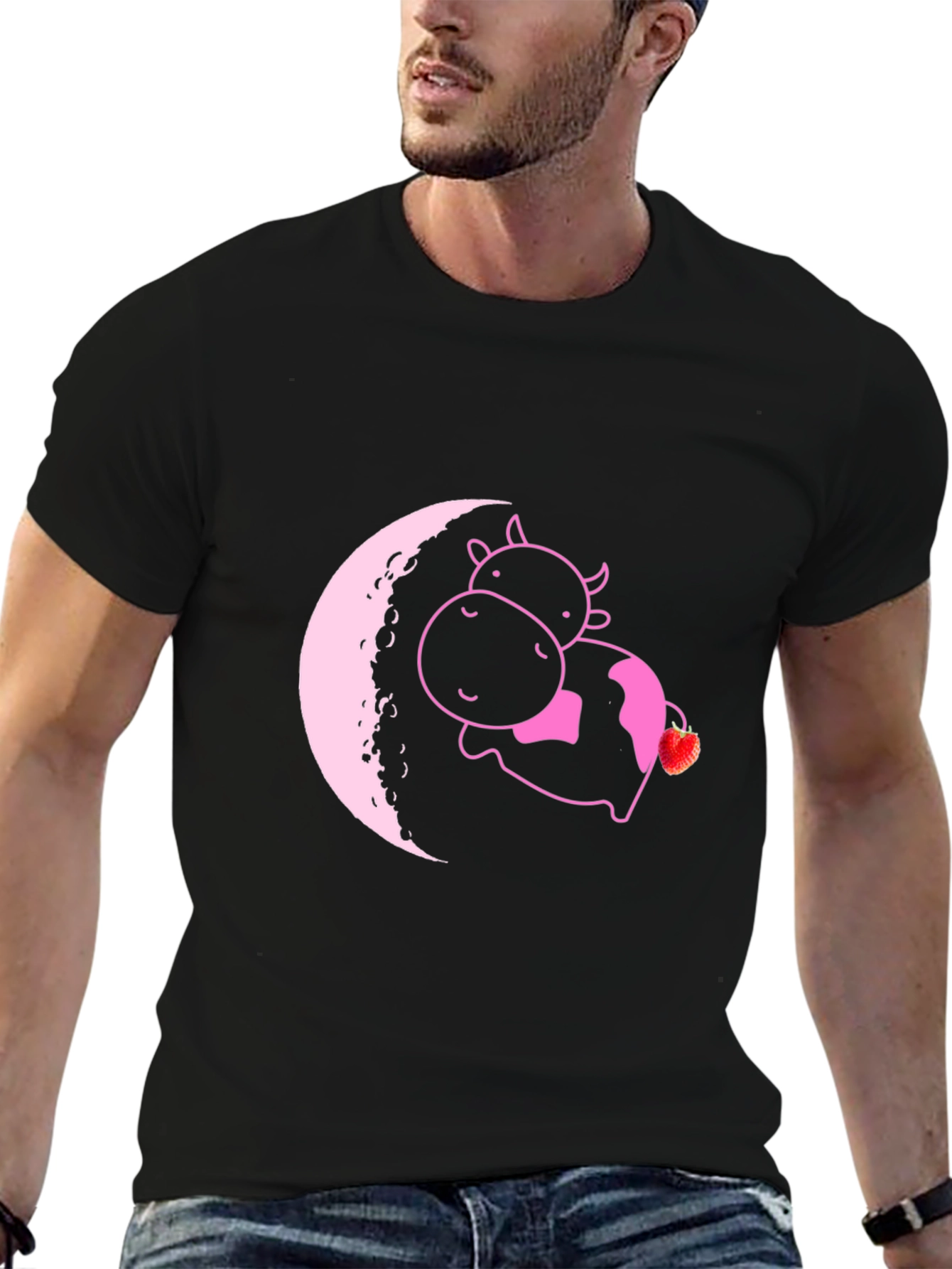 Cute Cow on Moon T-Shirt - Strawberry Dream
