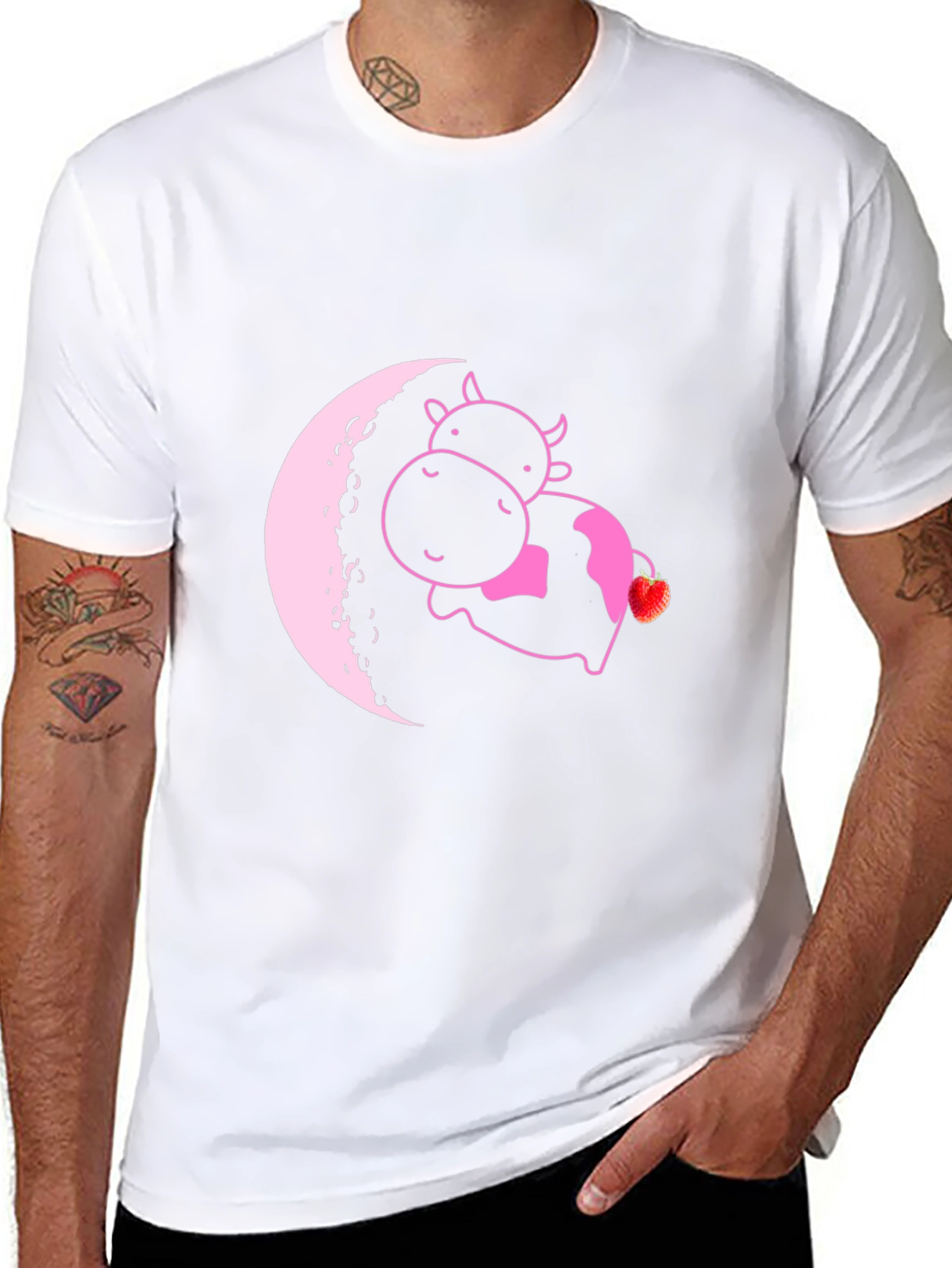 Cute Cow on Moon T-Shirt - Strawberry Dream
