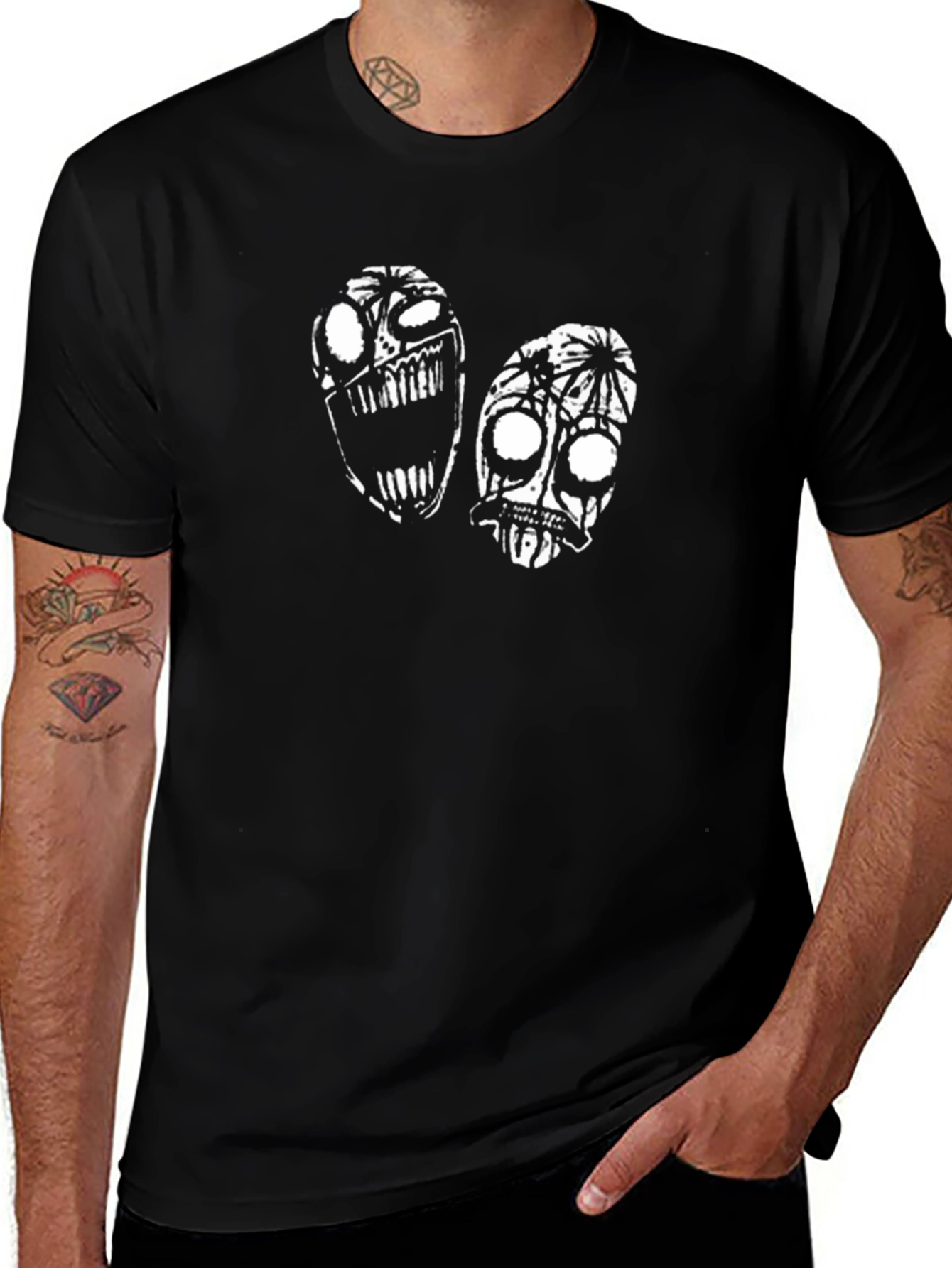 Black T-Shirt with Abstract Faces Design