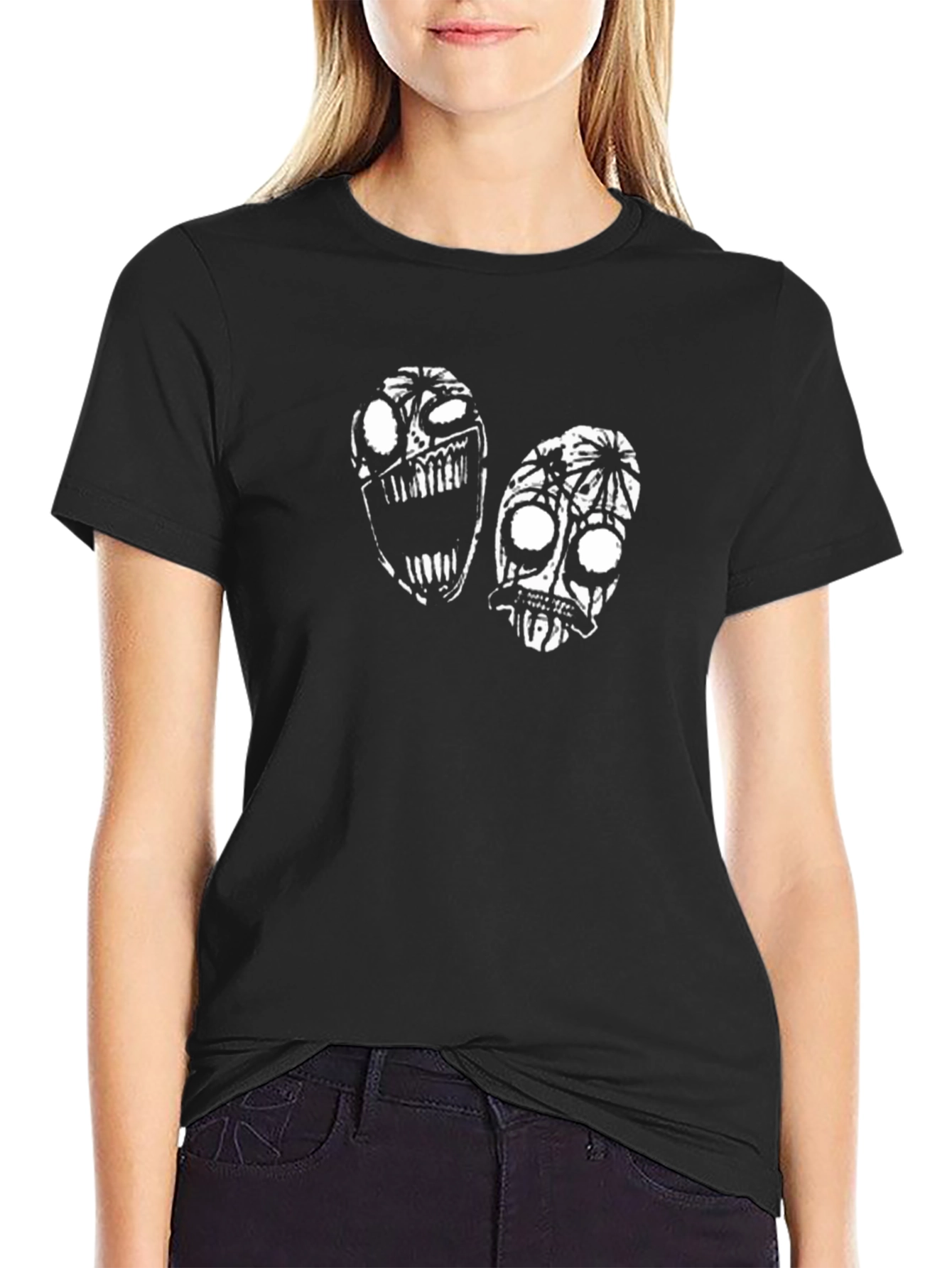 Black T-Shirt with Abstract Faces Design