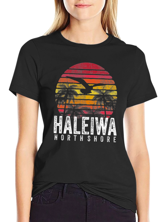 Haleiwa North Shore T-Shirt - Retro Sunset Palm Tree Tee