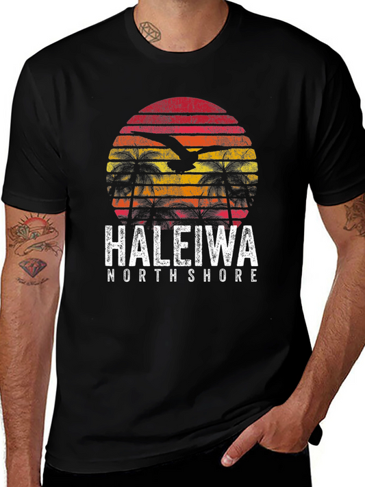 Haleiwa North Shore T-Shirt - Retro Sunset Palm Tree Tee