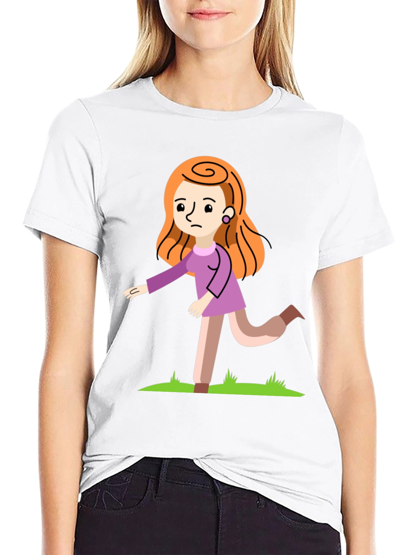 Cartoon Woman Graphic Print Black T-Shirt