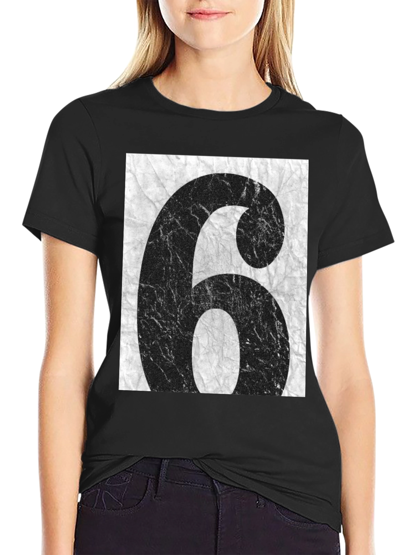 Distressed Number 6 Graphic Tee - Unisex Black T-Shirt