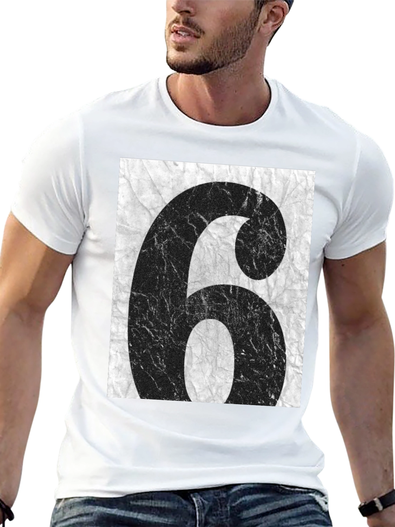 Distressed Number 6 Graphic Tee - Unisex Black T-Shirt