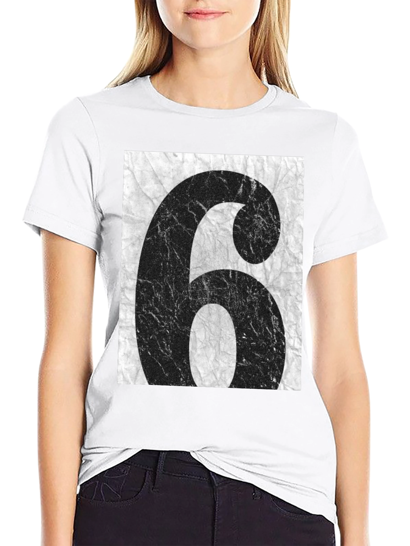 Distressed Number 6 Graphic Tee - Unisex Black T-Shirt