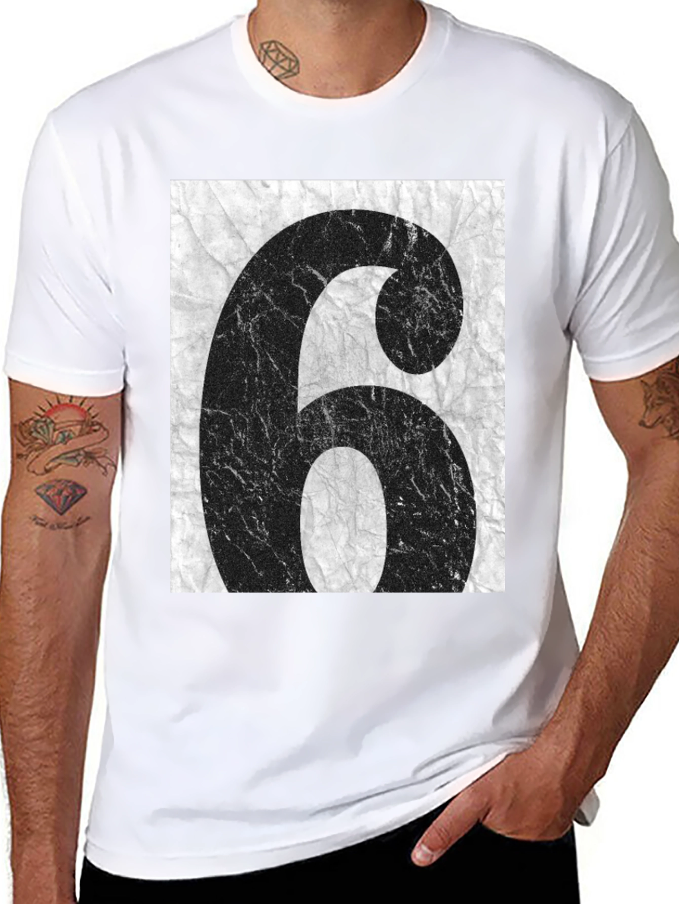Distressed Number 6 Graphic Tee - Unisex Black T-Shirt