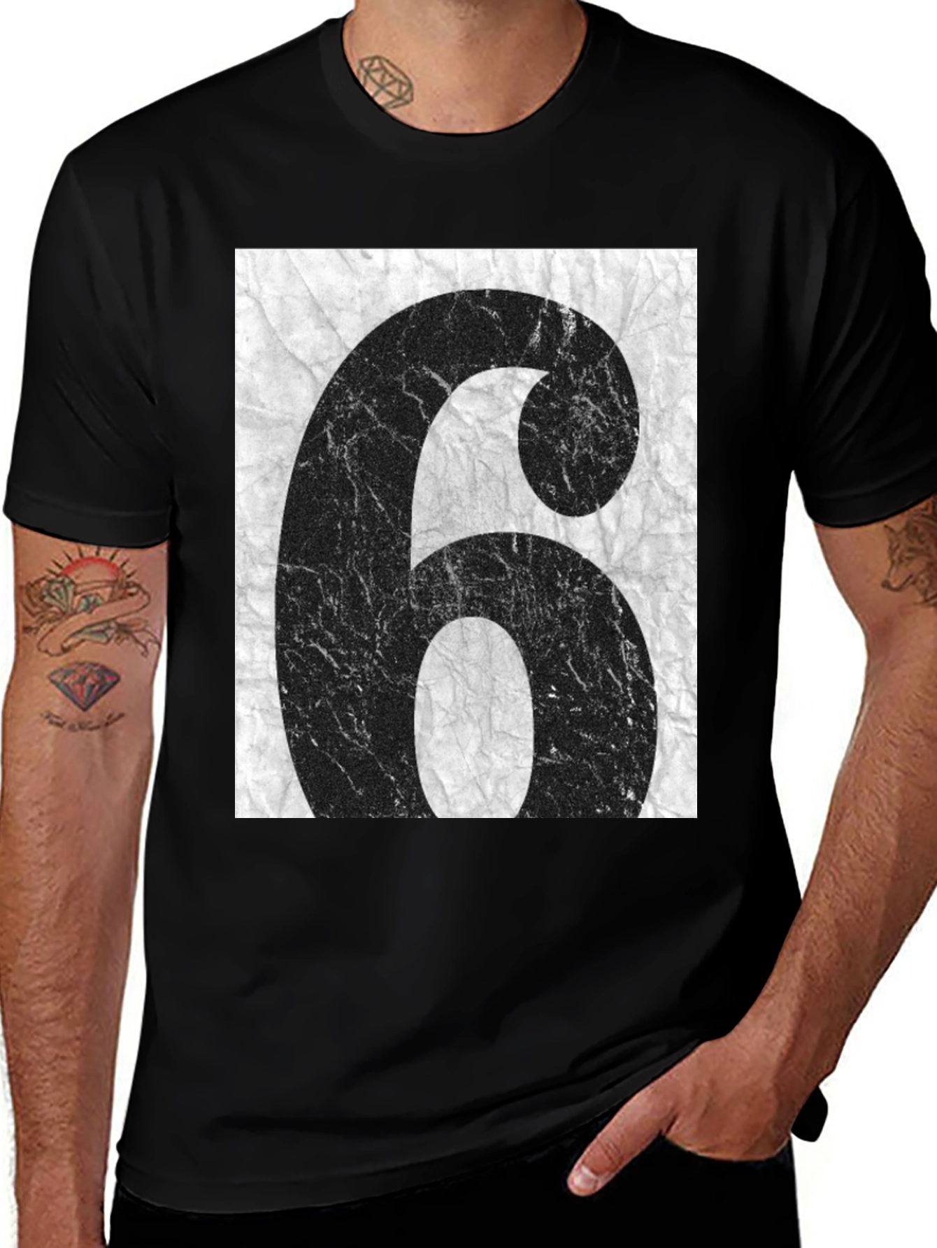 Distressed Number 6 Graphic Tee - Unisex Black T-Shirt