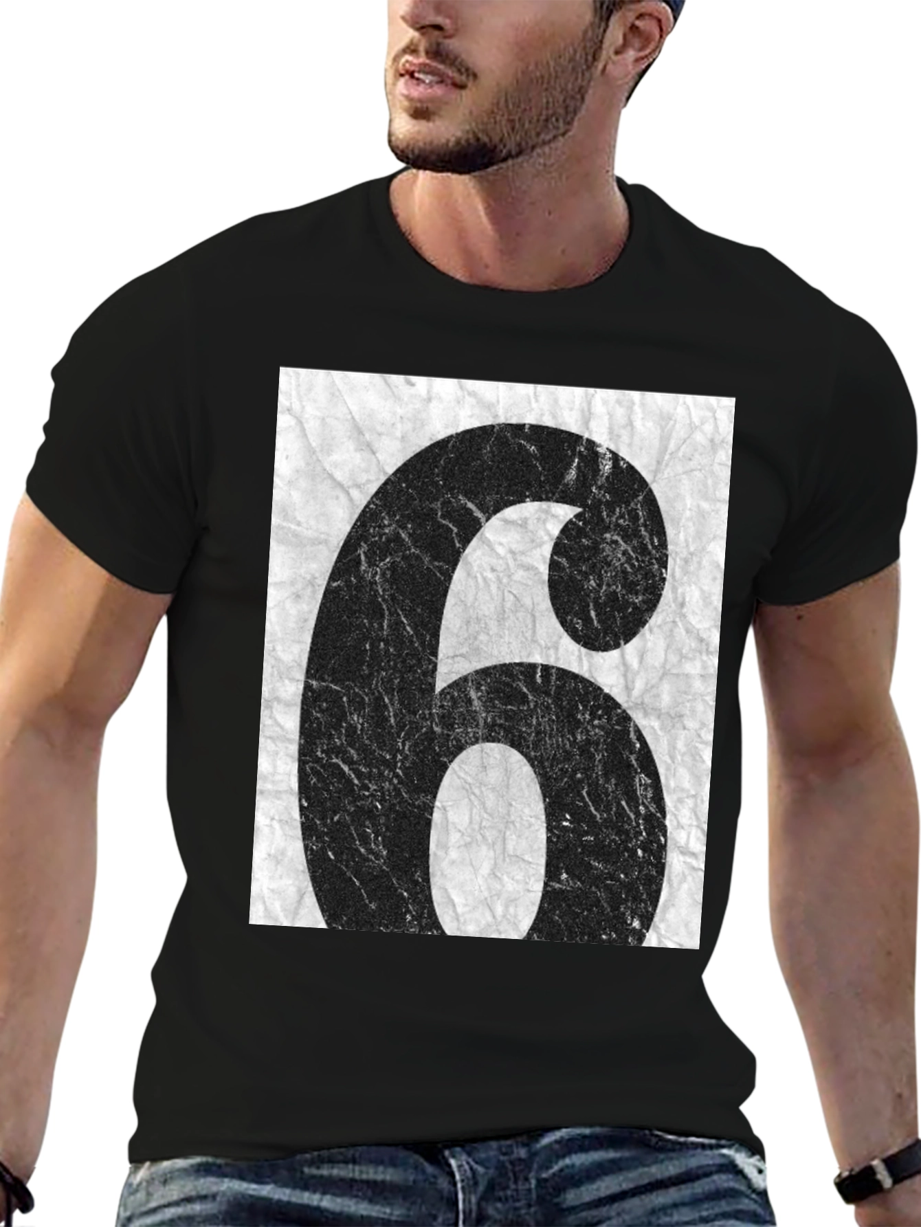 Distressed Number 6 Graphic Tee - Unisex Black T-Shirt