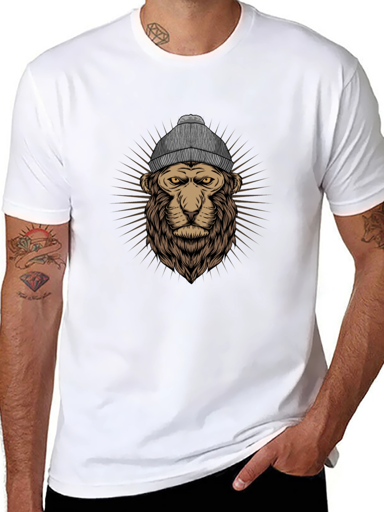 Lion in Beanie Graphic T-Shirt - Cool Streetwear