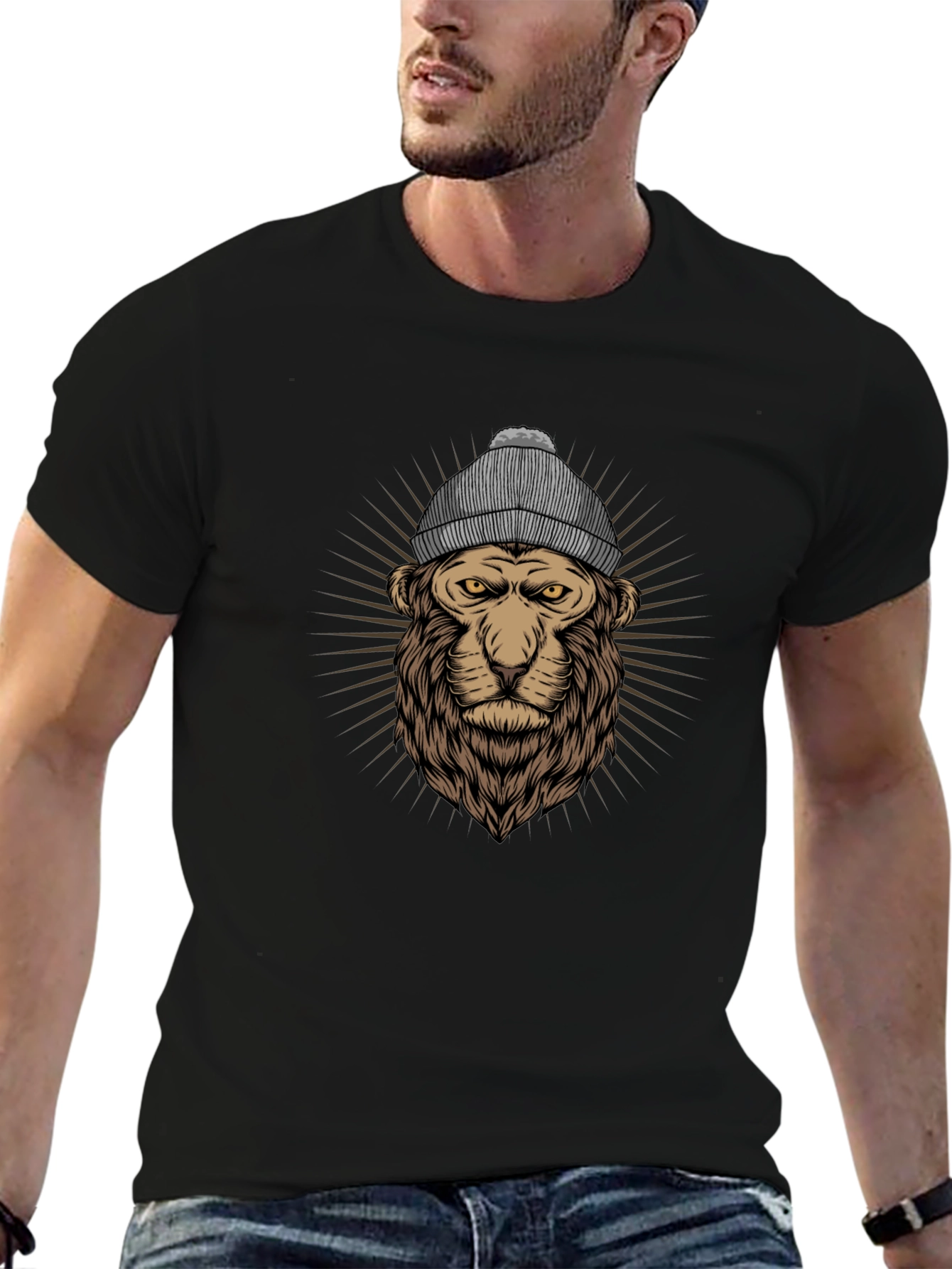 Lion in Beanie Graphic T-Shirt - Cool Streetwear