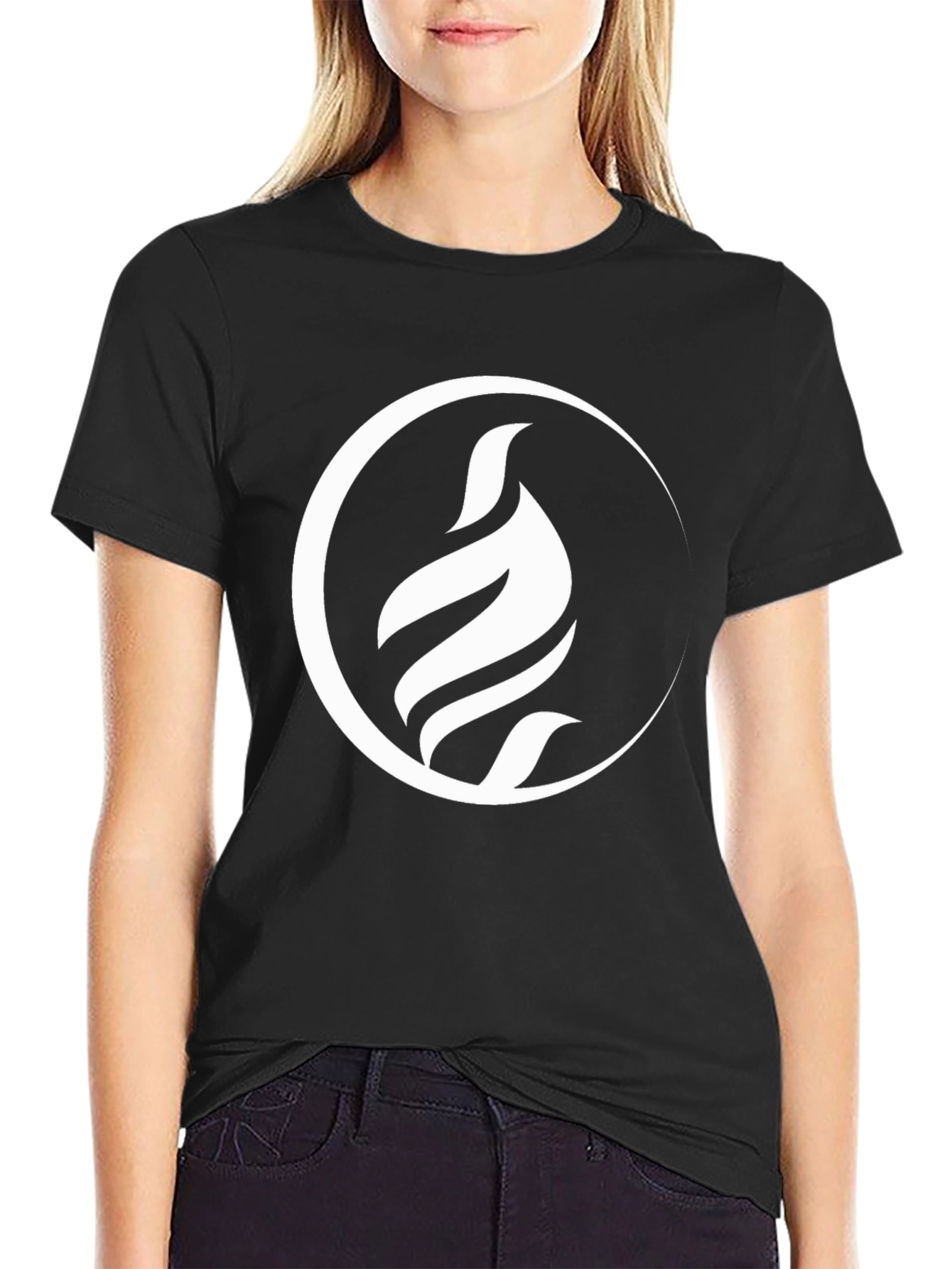 Modern Black T-Shirt with Abstract White Flame Design