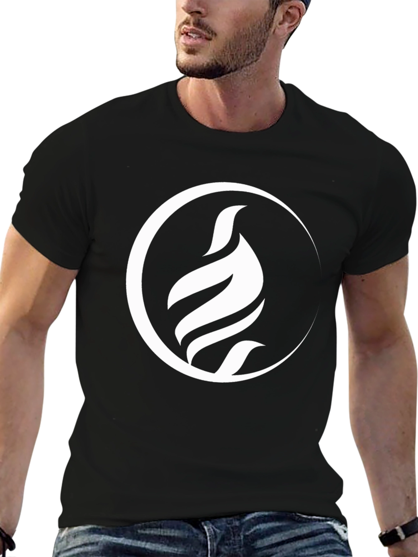 Modern Black T-Shirt with Abstract White Flame Design