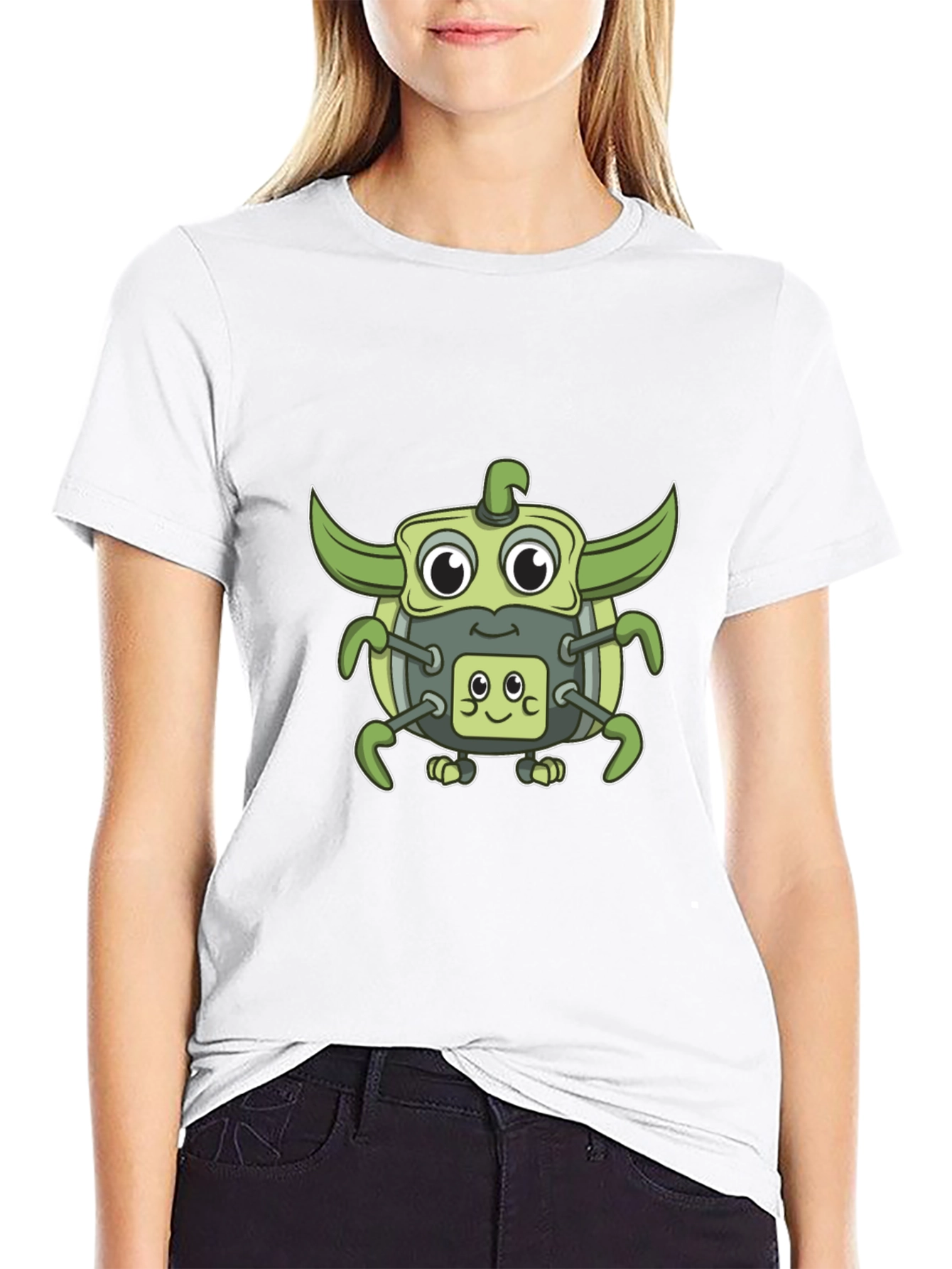 Cute Green Robot Graphic T-Shirt