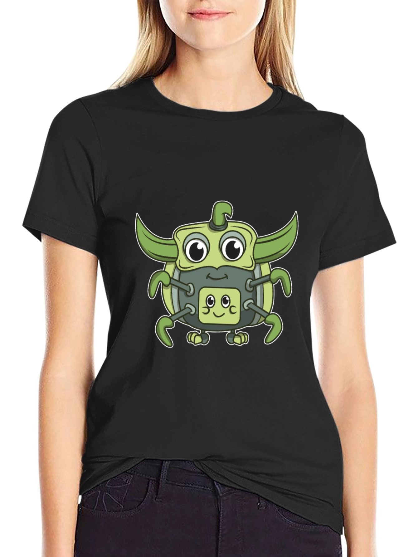 Cute Green Robot Graphic T-Shirt