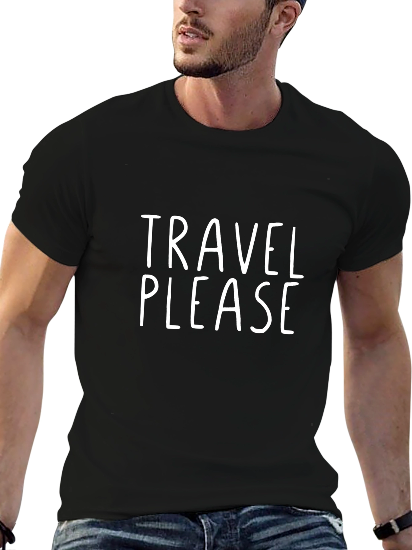 Travel Please Black T-Shirt | Crew Neck Tee